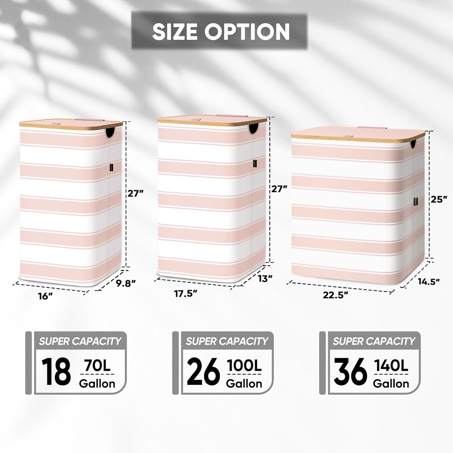 BALEINE Laundry Hamper with Lid, Tall Laundry Baskets with Bamboo Pull Handles, Large Laundry Bin with Internal Support (18 Gal/70L, Pink Stripe)