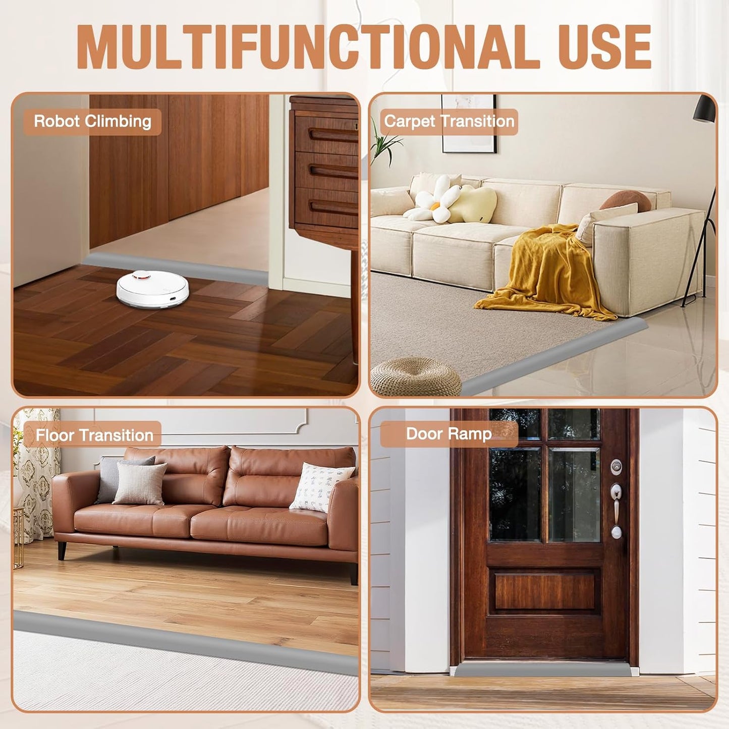 Floor Transition Strip Self Adhesive Vinyl Door Threshold for Doorways Carpet Edging Trim Overlap Edge Reducer for Laminate Floor, Carpet, Tile (Gray, 2/5" to 3/5", 10Ft)