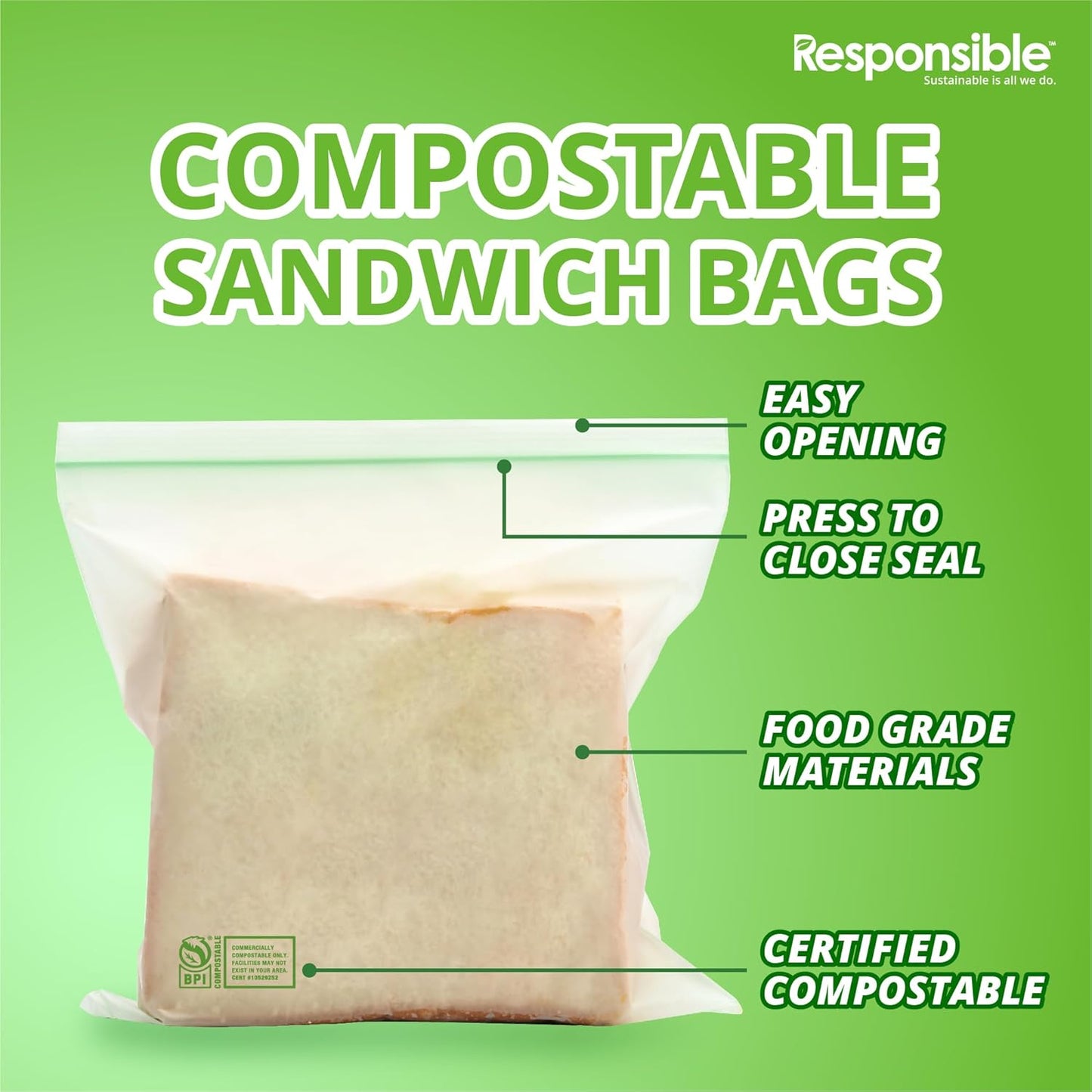 Responsible Products Certified Compostable SANDWICH Resealable Zip Bag, Extra Strength Food Bags, Plant-Based Freezer-Safe (30 Pack)