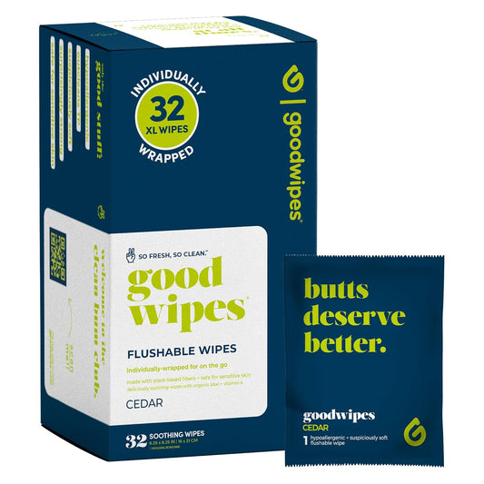 goodwipes Flushable Wipes - Individually Wrapped Butt Wipe for On-the-Go Adults - Portable Mini Wipes - Travel Essentials - Sewer & Septic Safe - Cedar, 32 Count (1 Pack)