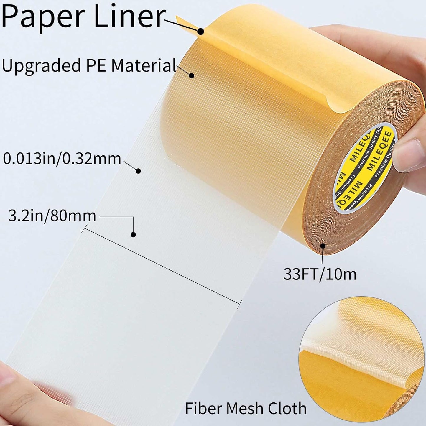Double Sided Tape Heavy Duty, 3.2in x 33FT(10m), Universal High Tack Strong Wall Adhesive with Fiberglass Mesh, Super Sticky Resistente Clear Tape, Easy Use Mounting Tape
