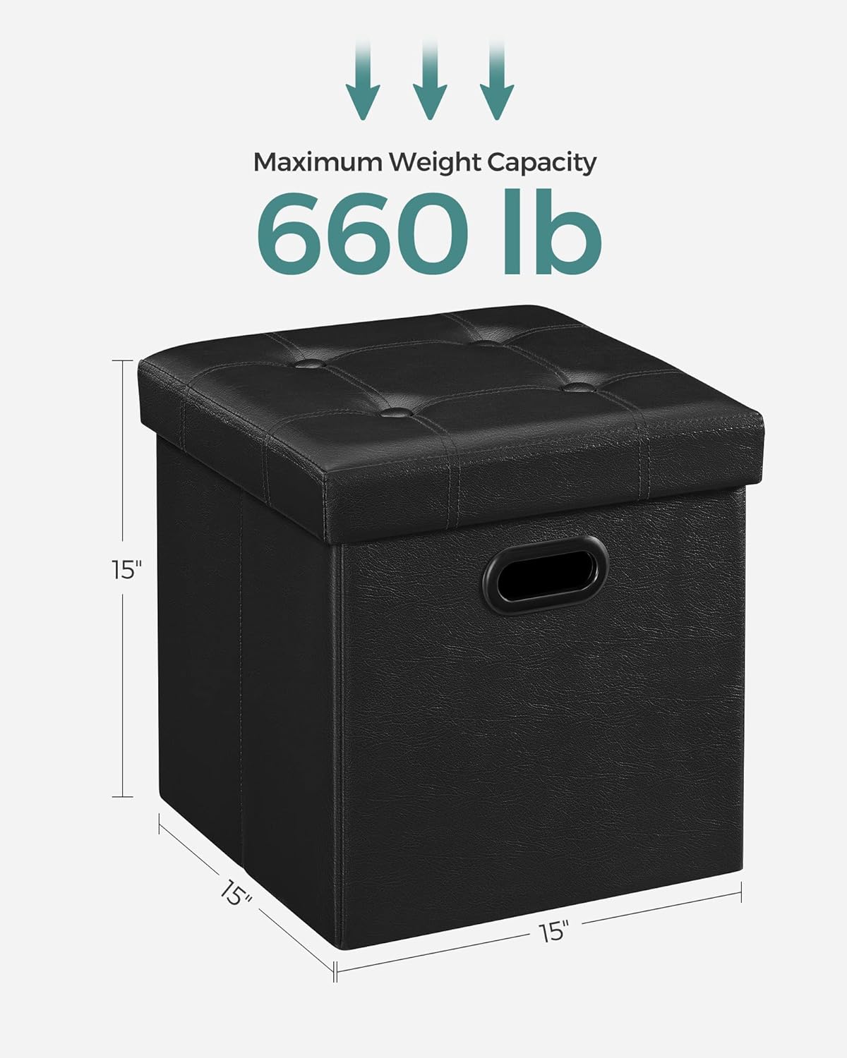 SONGMICS MAZIE Collection - 15 Inches Ottoman with Storage, Footstool, Storage Ottoman with Metal Grommet Handles, Load 660 lb, for Dorm, Living Room, Bedroom, Synthetic Leather, Black ULSF30B