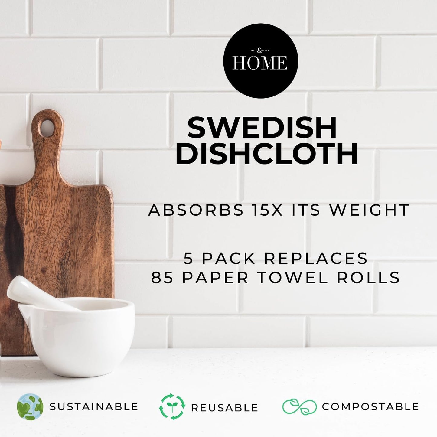 HALL & PERRY Swedish Dishcloths for Kitchen, 5-Pack, Reusable Cellulose Sponge Cloths for Kitchen & Cleaning – Eco-Friendly, Ultra-Absorbent, Quick-Drying (Lemon Yellow)