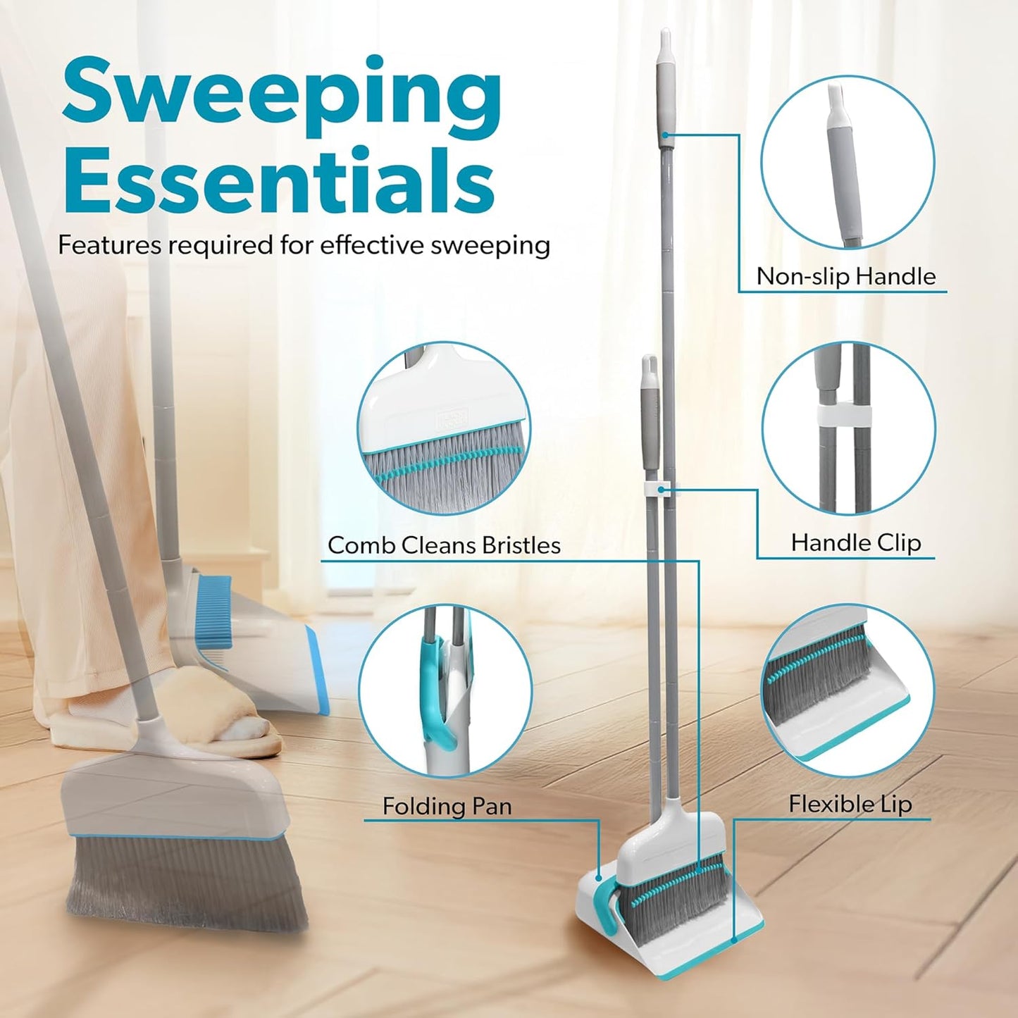 BLACK+DECKER Butler Broom and Dustpan Set for Home, Short Handle, Stand Up and Lightweight Space Saving Dust Pan and Broom Combo for Kitchen, Living Room, Bathroom, Lobby Floor Use