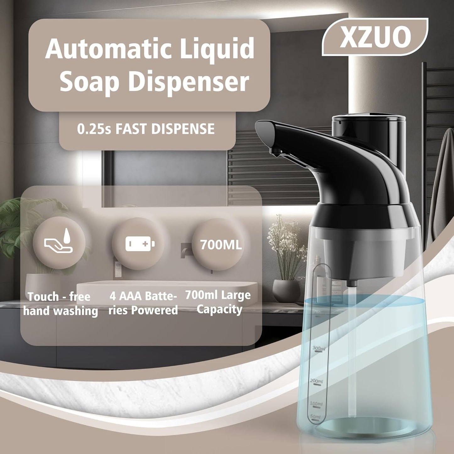 Automatic Soap Dispenser Touchless, 23.7 oz/ 700 ml, Low Battery Liquid Soap Bottle with Motion Sensor for Bathroom & Kitchen (Black-Battery)