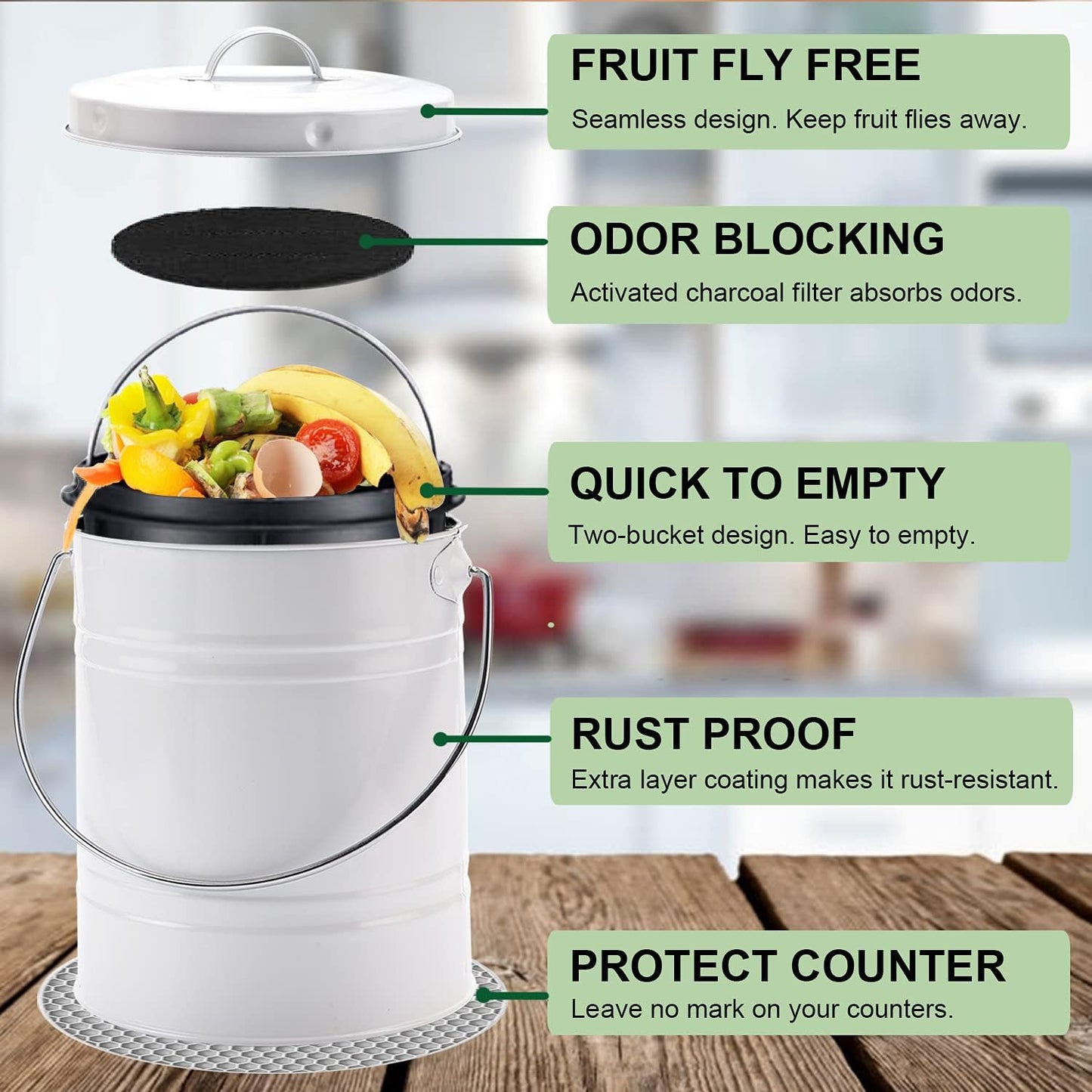 Compost Bin for Kitchen Counter, LALASTAR Small Metal Compost Bin Indoor Kitchen Sealed with Lid for Food Waste, Countertop Composter Container, White, 1 Gallon