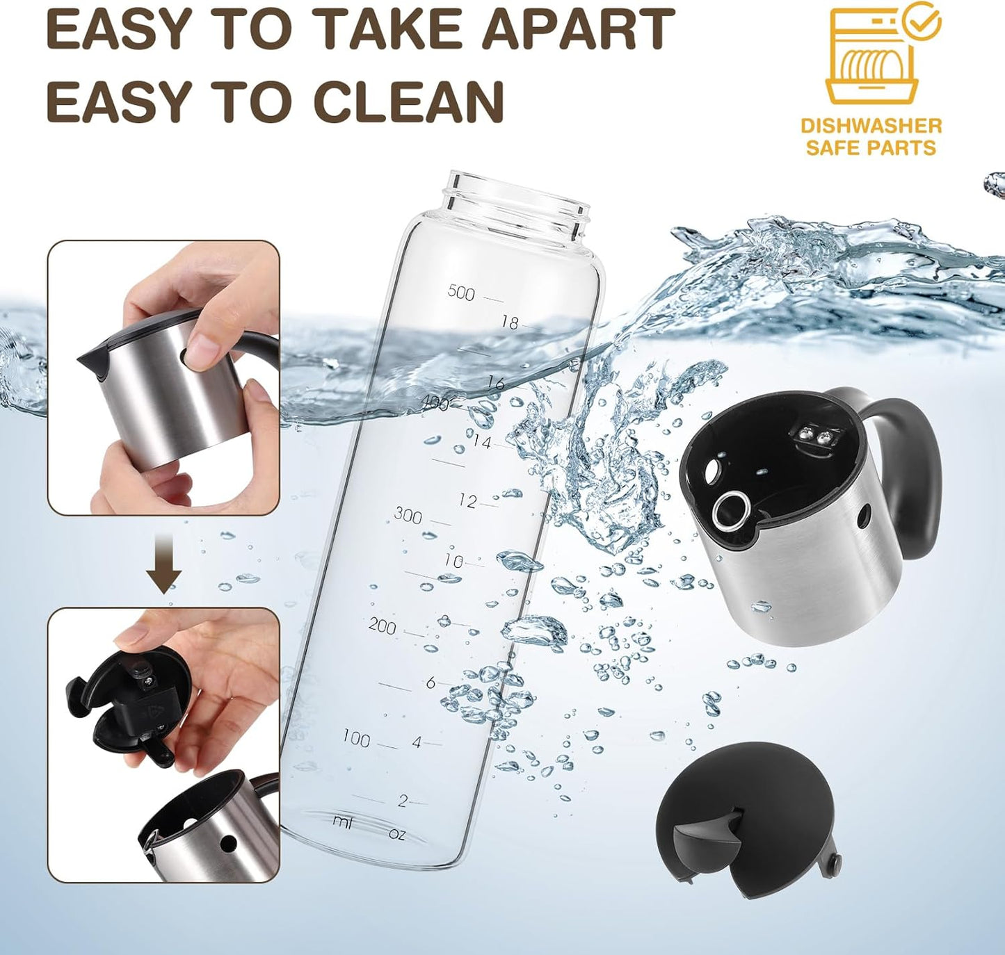 Vucchini Large Olive Oil Dispenser Bottle Kitchen Cooking Oil Dispenser Auto Flip Soy Sauce Container -Stainless Steel Leakproof Vinegar Glass Cruet (10 oz and 17 oz Set)