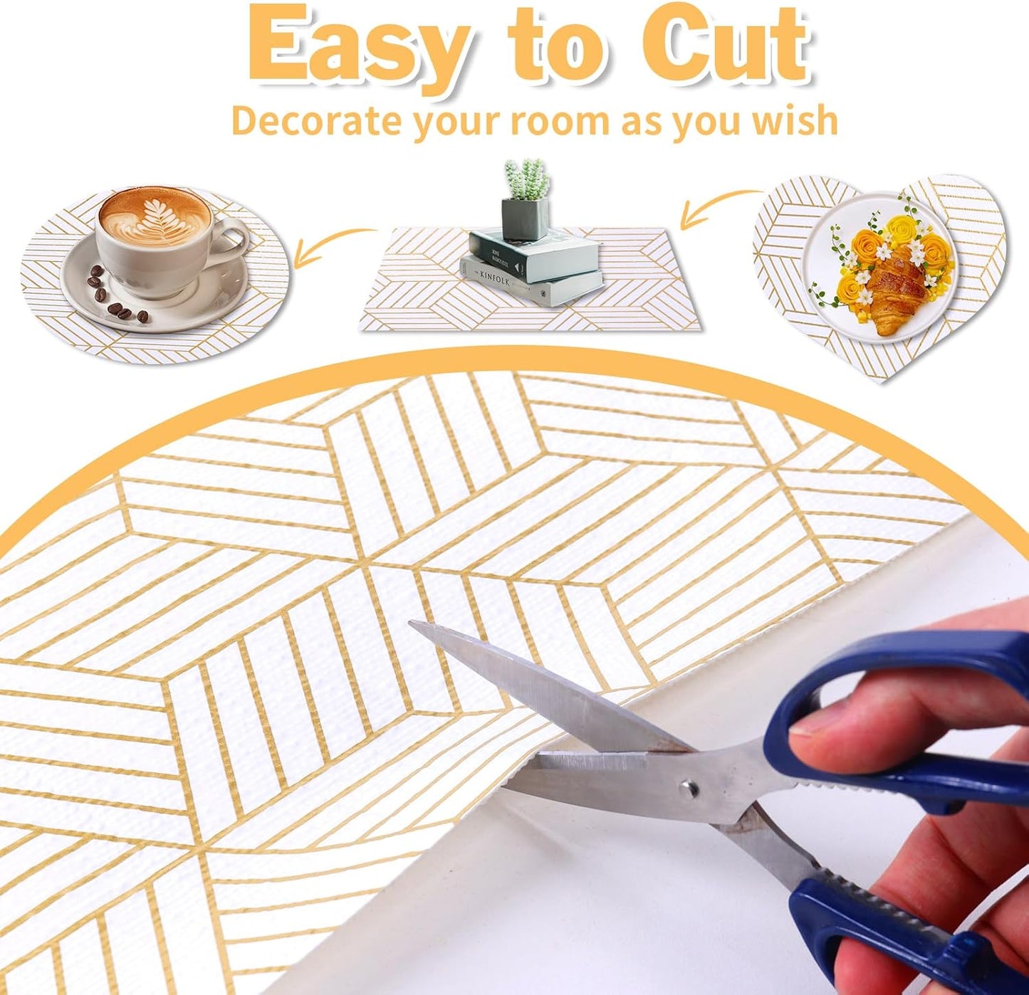 Shelf Liners for Kitchen Cabinets Non Adhesive Shelf Liner Paper Non-Slip Thickened Drawer Liner Easy to Clean for Tool Box Refrigerator with Knife and Tape Measure, Gold Geometric, 23.6 x 354.3 in