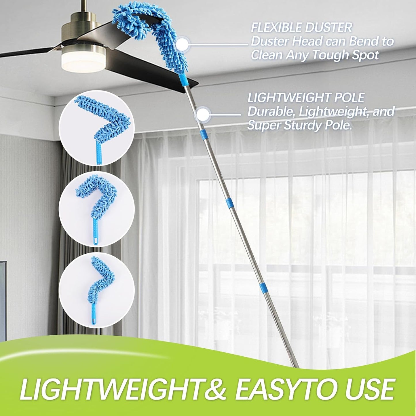 High Reach Duster Kit with14 ft Extension Pole High Ceiling Dusting and Window Cleaning Kit with Spliceable Pole - Cobweb Duster, Fan Blade, Window Washer & Squeegee and Feather Dusters