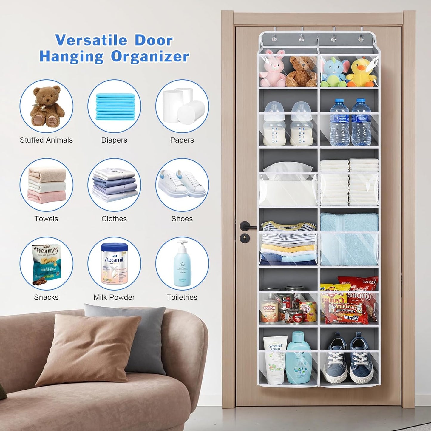 Univivi Over the Door Organizer 6 Tiers, Extra Large Door Hanging Organizer with Clear Deep Pockets Over the Door Storage for Closet, Bedroom, Nursery, Bathroom and Pantry (Grey)