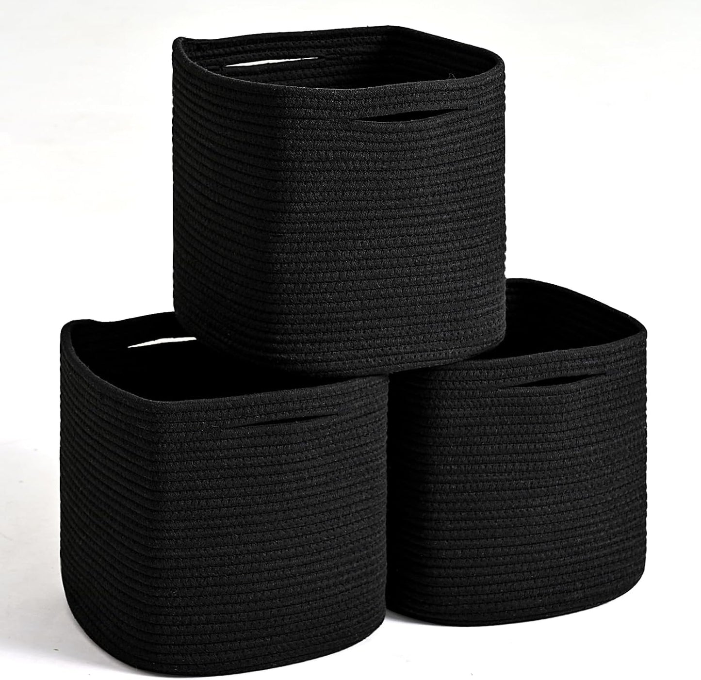 11 Inch Cube Storage Bins, Storage Cube Organizer Bins, Woven Cotton Rope Basket for Storage, Storage Baskets for Organizing Shelves, Square Baskets for Toys, Black (Pack of 3)