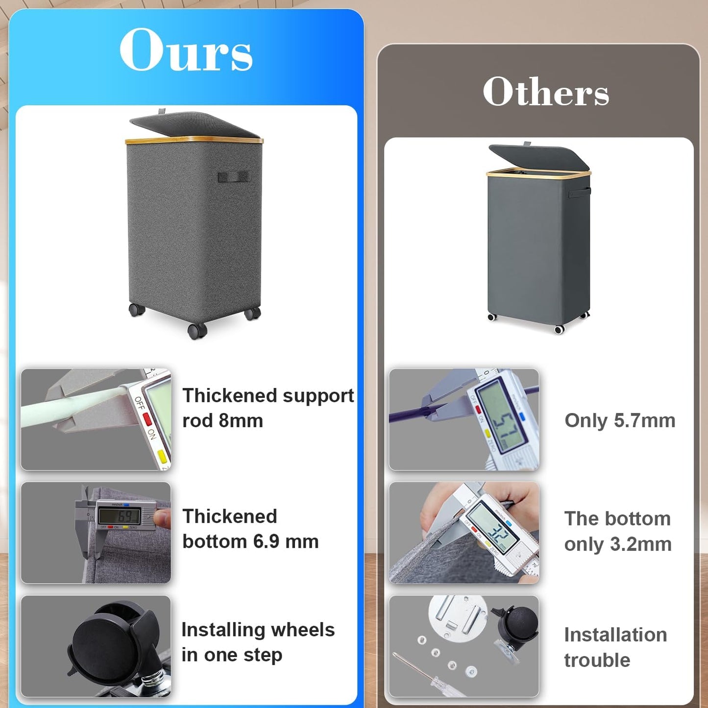 Laundry Hamper with Wheels,29 Gal (110L) Laundry Basket with lid Rolling Clothes Hamper Foldable Dirty Clothes Basket on wheels with Bamboo Frame and Bag for Bedroom, Dorm, Laundry Room-Grey