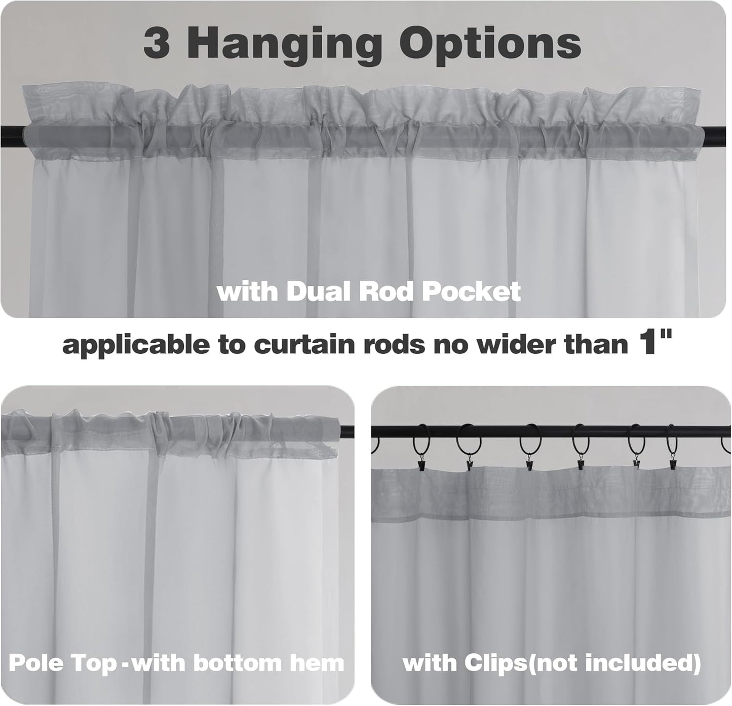 Chyhomenyc Sheer Light Grey Valances for Windows 2 Pack, Small Window Curtains for Living Room Bathroom Cafe Laundry Basement, Modern Top Dual Rod Pocket Voile Curtain, 42W x 14L inches