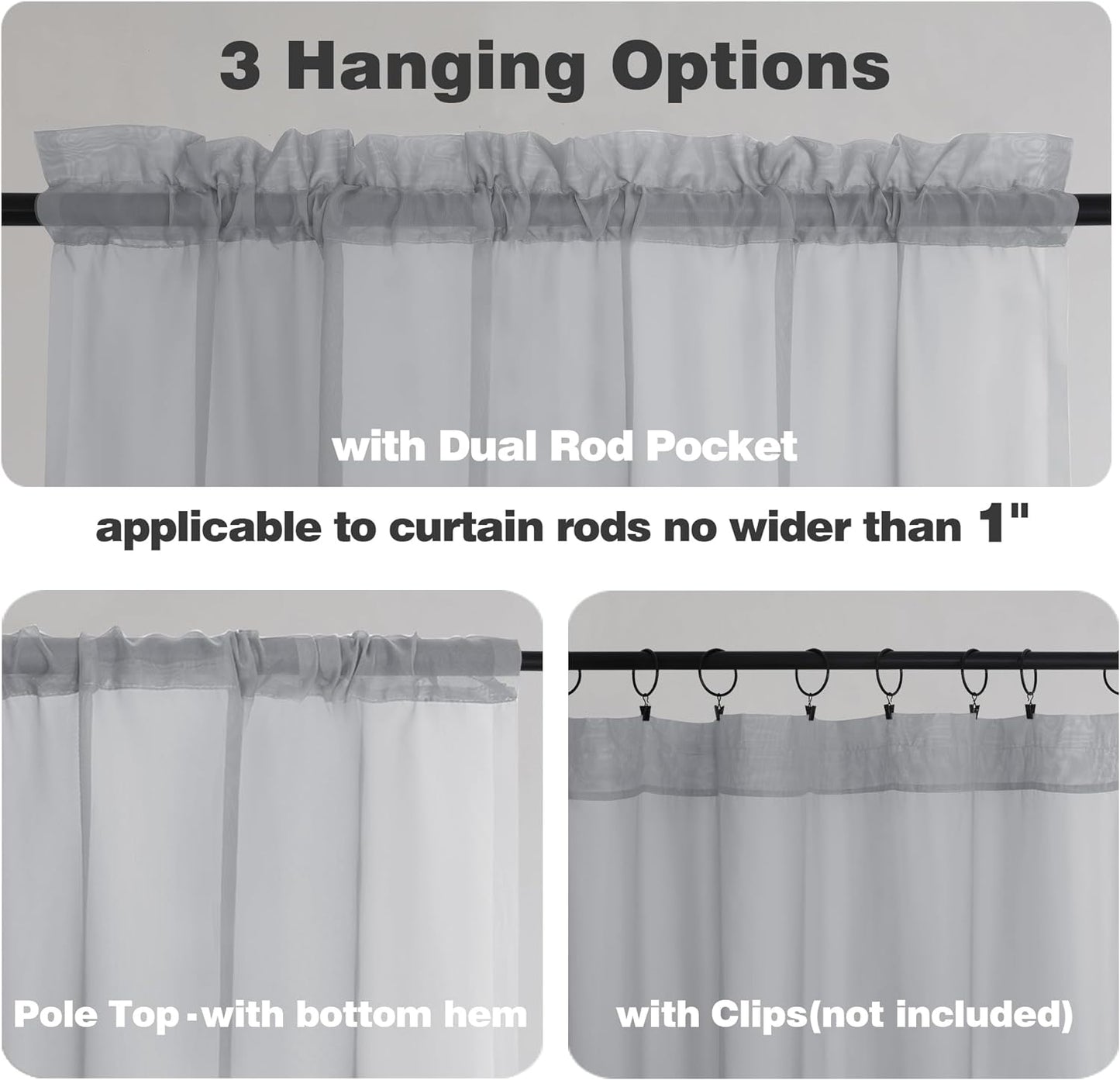 Chyhomenyc Sheer Light Grey Tier Curtains 24 Inch Length, Small Window Curtains Treatment for Bathroom Living Room Basement, Short Rod Pocket Cafe Curtain, 42W x 24L Inches, 2 Panels