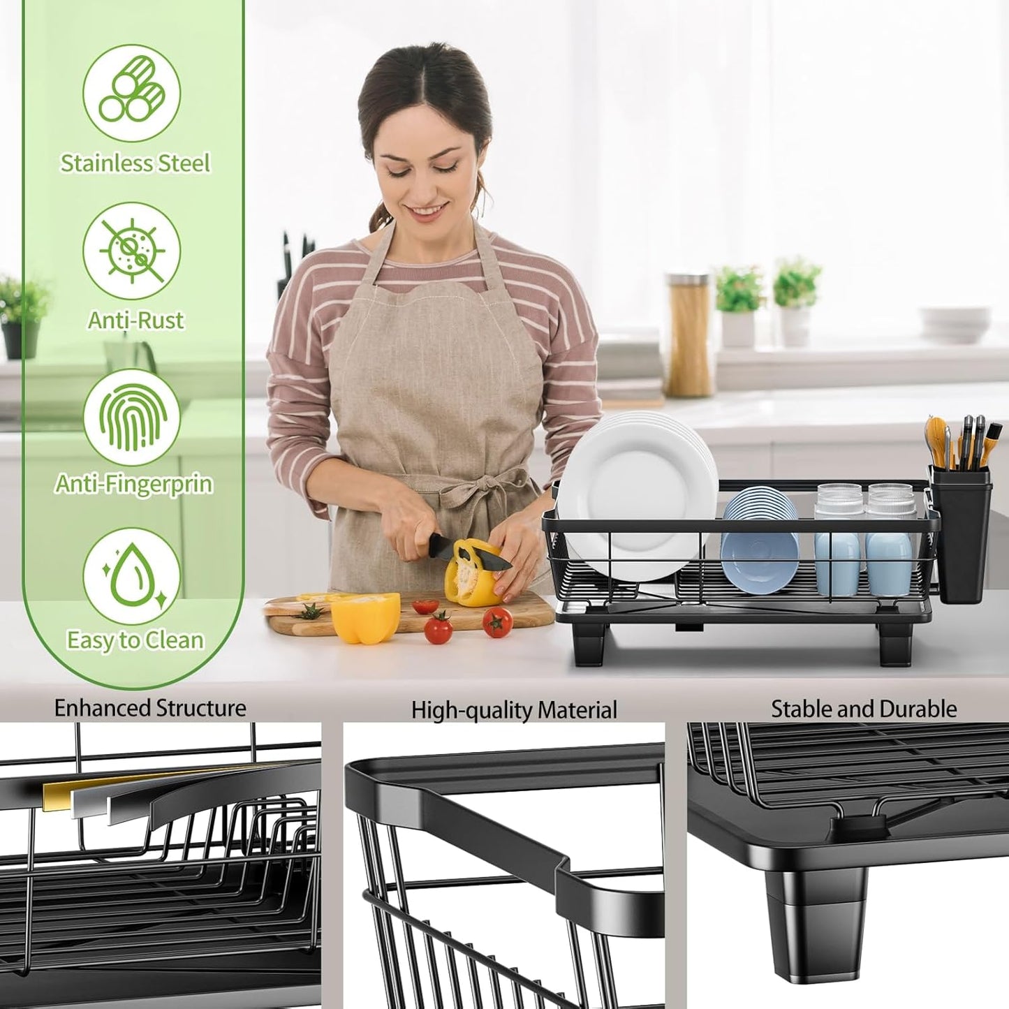 Dish Drying Rack with Drainboard for Kitchen Counter, Large Capacity Durable Rustproof Stainless Steel Dish Drainer Rack with Removable Flatware Caddy -Black