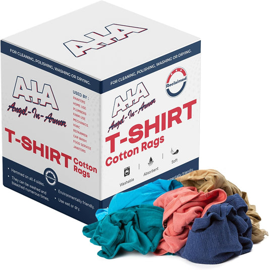 Angel-in-Armor Colored T-Shirt Rags – 5lb Box of Recycled Cotton Knit Shop Rags – Low Lint Cleaning Cloths for Mechanics, Oil Changes, Industrial and Commercial Use