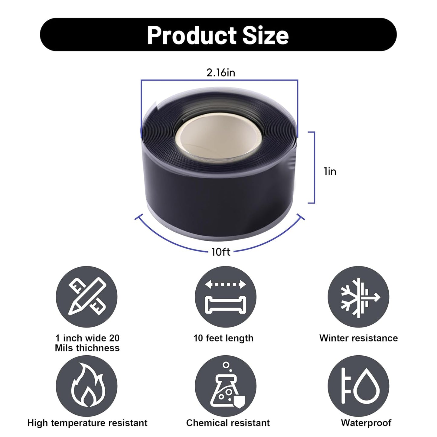 Self Fusing Silicone Tape 2 Rolls 1 in x 10' Black Waterproof Rescue Tape Rubber Leak Silicone Self-amalgamating Tape for Plumbing, Sealing Pipes, Hose Repair, Outdoor Coax and Tool Fixation