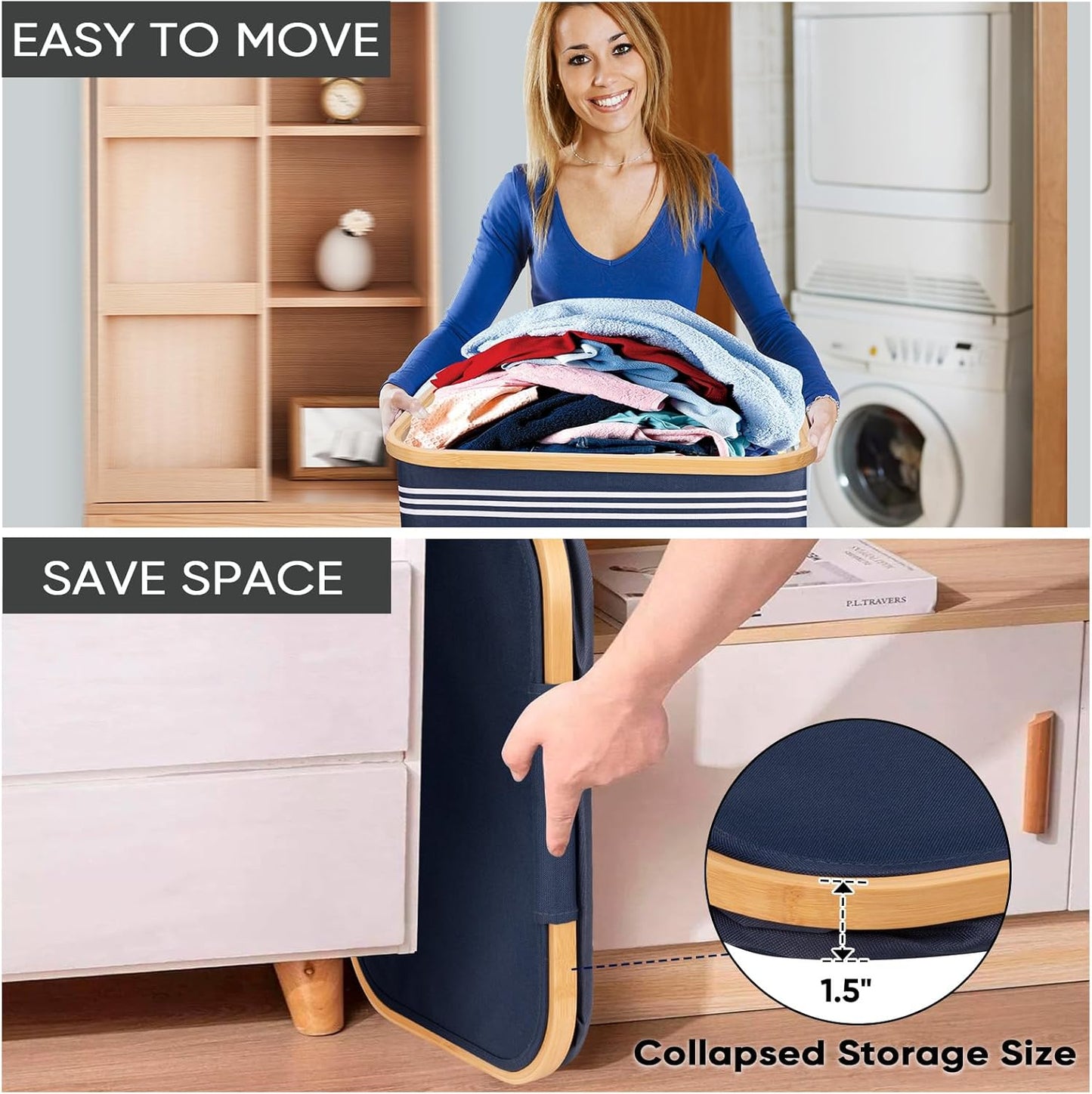 BALEINE Laundry Hamper with Lid, Tall Laundry Baskets with Bamboo Pull Handles, Large Laundry Bin with Internal Support (36 Gal/140L, Blue Pinstripe)