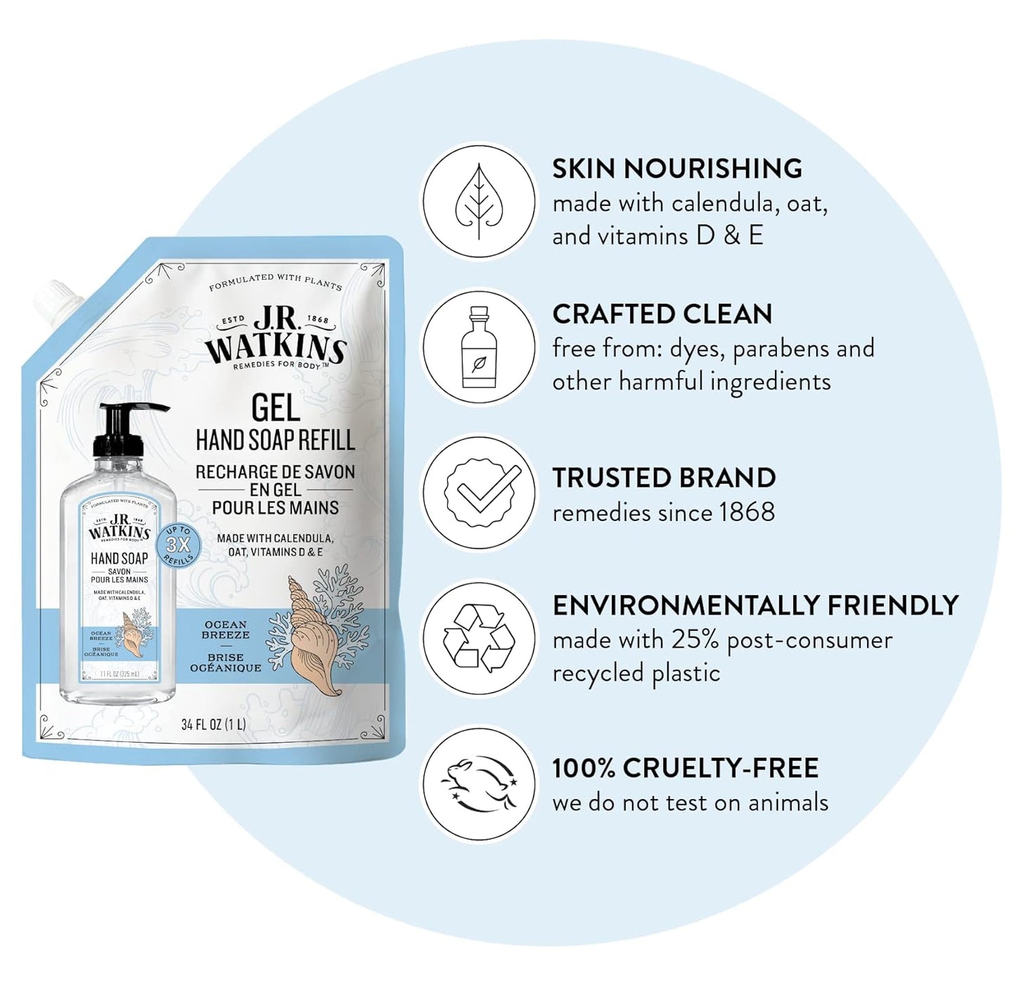 J.R. Watkins Gel Hand Soap Refill Pouch, Scented Liquid Hand Wash for Bathroom or Kitchen, USA Made and Cruelty Free, 34 fl oz, Ocean Breeze, 6 Pack