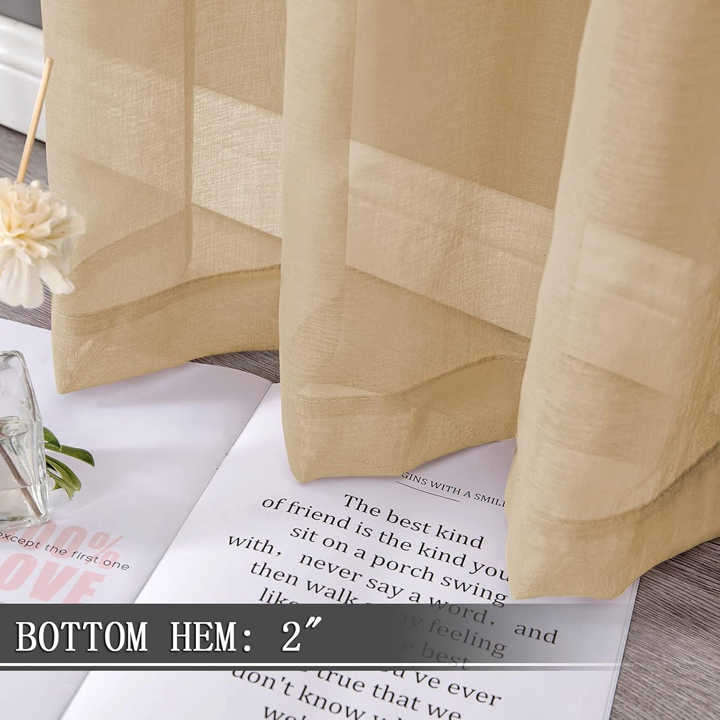 Tollpiz Short Sheer Curtain Linen Textured Bedroom Curtains Sheer Light Filtering Rod Pocket Voile Curtain for Living Room, 54 x 54 inches Long, Beige, Set of 2 Panels