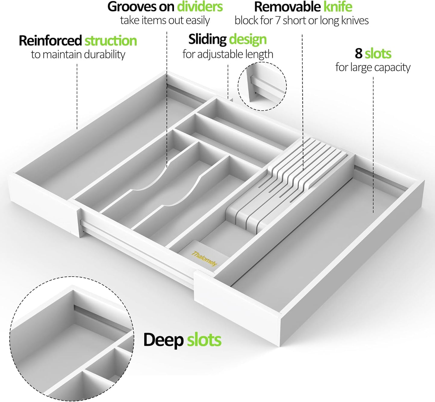 Bamboo Kitchen Drawer Organizer, Expandable Utensil Organizer with Removable Knife Block, Cutlery Tray Holder with Divider, Adjustable Silverware Organizer, White