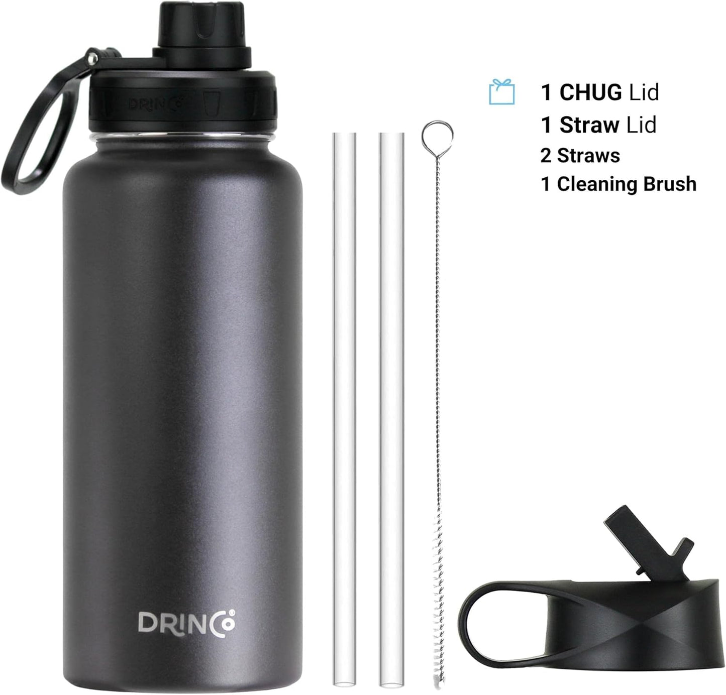 DRINCO Stainless Steel Water Bottle Spout Lid Vacuum Insulated Double Wall Water Bottle Wide Mouth (40oz 32oz 22oz 18oz 14oz) Leak Proof Keep Cold Sport Camping Hiking (32 oz, 32oz Black)