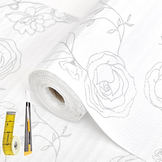 Shelf Liners for Kitchen Cabinets 12in x 10FT Non Adhesive Drawer Liner Sliver Floral Thickened Shelf Liner Paper Strong Non-Slip Easy to Clean for Tool Box Refrigerator with Knife and Tape Measure