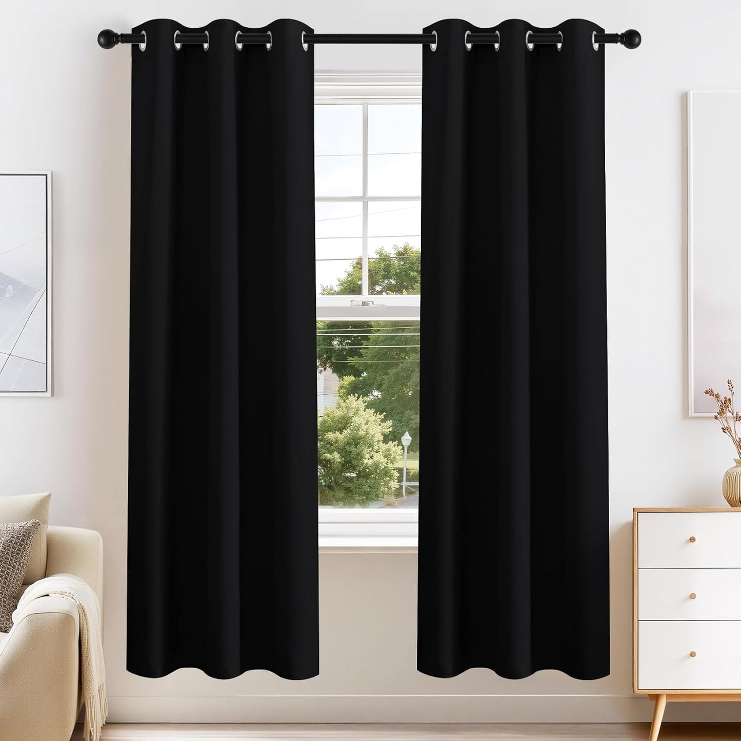 PONY DANCE Bedroom Blackout Curtains - Blackout Dark Curtain Panels Energy Saving Light Blocking Thermal Drapes/Home Decor Modern for Kids Nursery Good Sleep, 42 Wide by 72 in Long, Black, 2 PCs