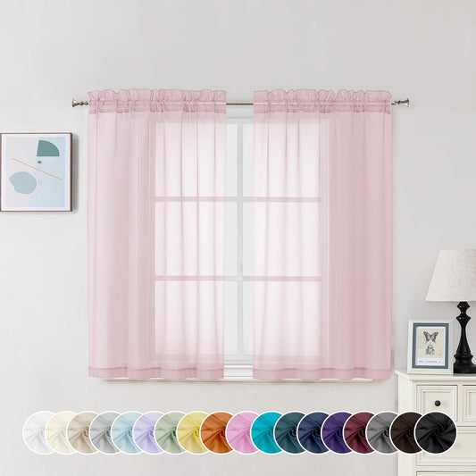 Chyhomenyc Sheer Curtains 45 Inch Long 2 Panels, Short Voile Drapes for Dinning Small Windows Bathroom Living Room Bedroom, Rod Pocket, 42Wx45L Inches, 2PCS, Blush Pink