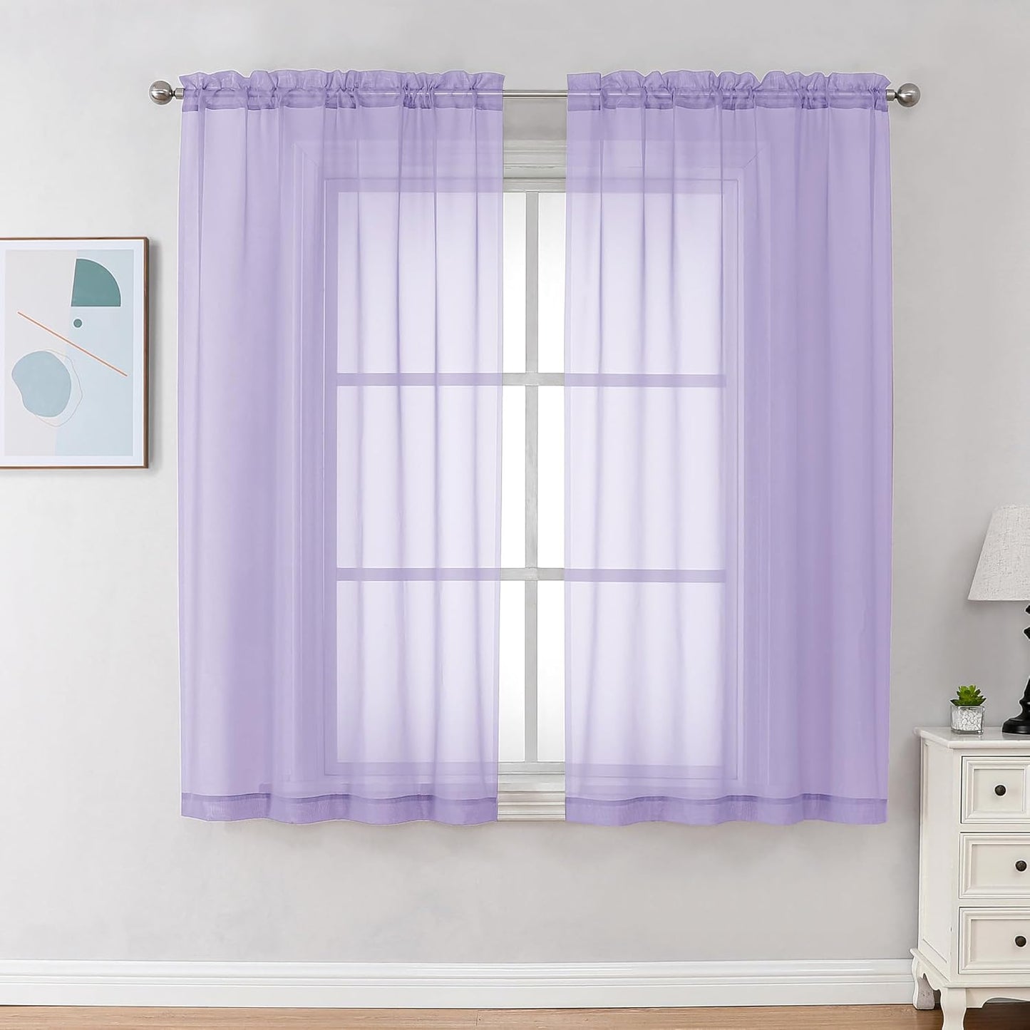 Chyhomenyc Lilac Sheer Curtains 45 Inch Long 2 Panels, Light Filtering Rod Pocket Voile Short Curtains Drapes for Living Room Bedroom Small Windows, 42Wx45L Inches