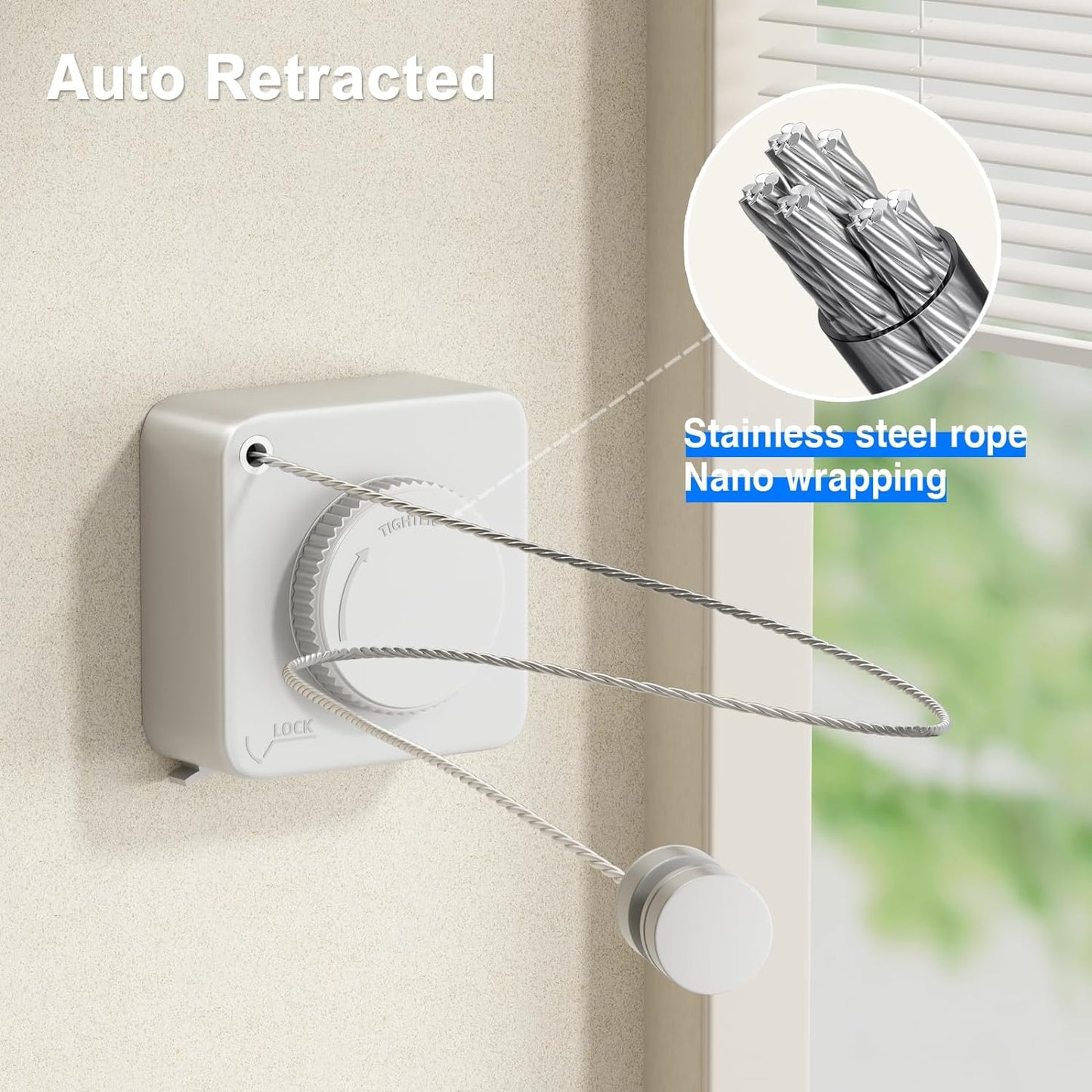 Retractable Clothesline Indoor, Non-Sagging Outdoor Clothes Line Retracting Heavy Duty Clothes Drying Laundry Line Wall Mounted Stainless Steel Line-15.1 Feets(Square-White)