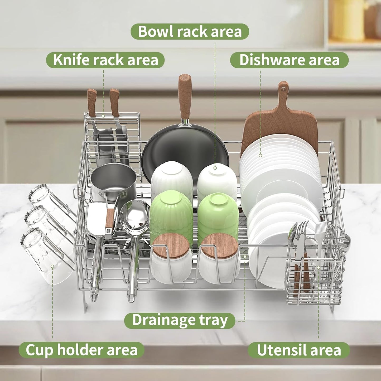 Large Dish Drying Rack - Rust Resistant Dish Rack,Expandable Kitchen Counter,Drainage Board with Sloped Design,Removable Cutlery Holder,Cup Knife Holder,Easy-to-Clean Full Hollow Design-Silver-L