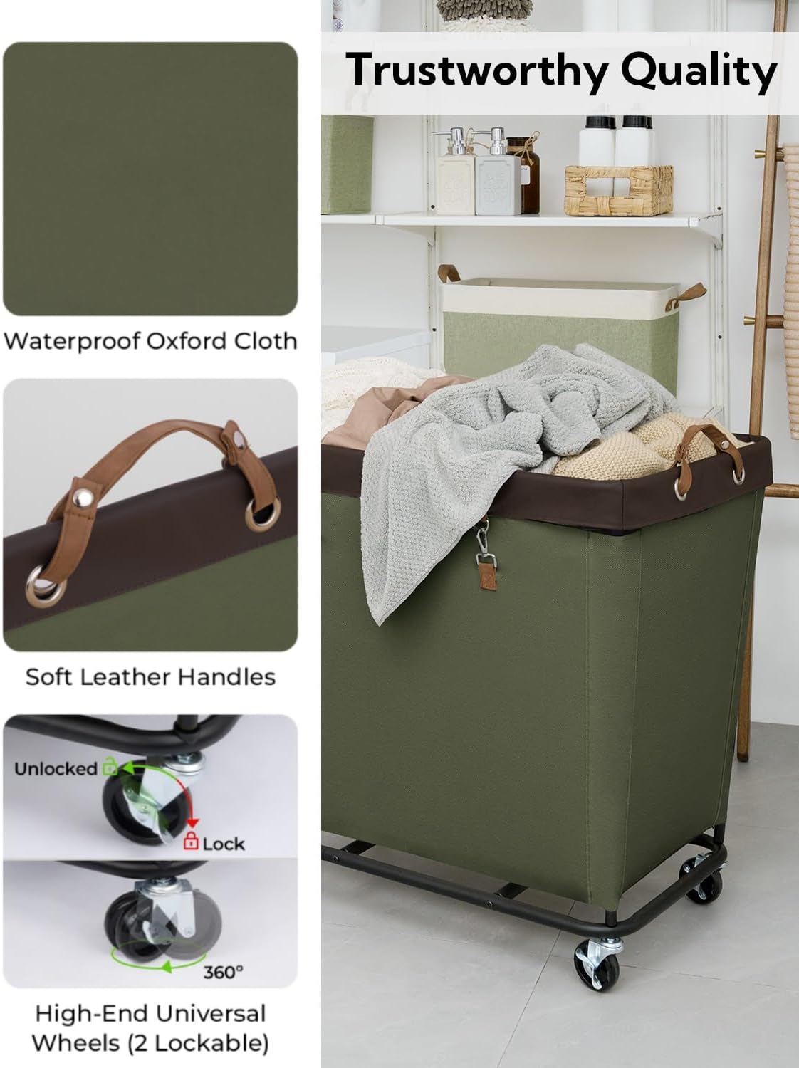 StorageWorks 320L Laundry Basket with Wheels, Extra Large Rolling Hampers for Clothing Organizer, Dirty Clothes Basket for Hote, Home, Closet, Dorm, Green