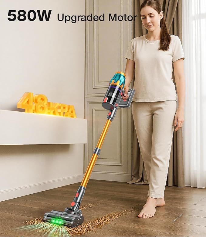 Cordless Vacuum Cleaner, 580W 48KPA 70Mins Vacuum Cleaners for Home, Cordless Stick Vacuum with Touch Screen, Anti-Tangle & Wall Mount Charge, Wireless Vacumm for Home/Pet Hair/Carpets/Floors