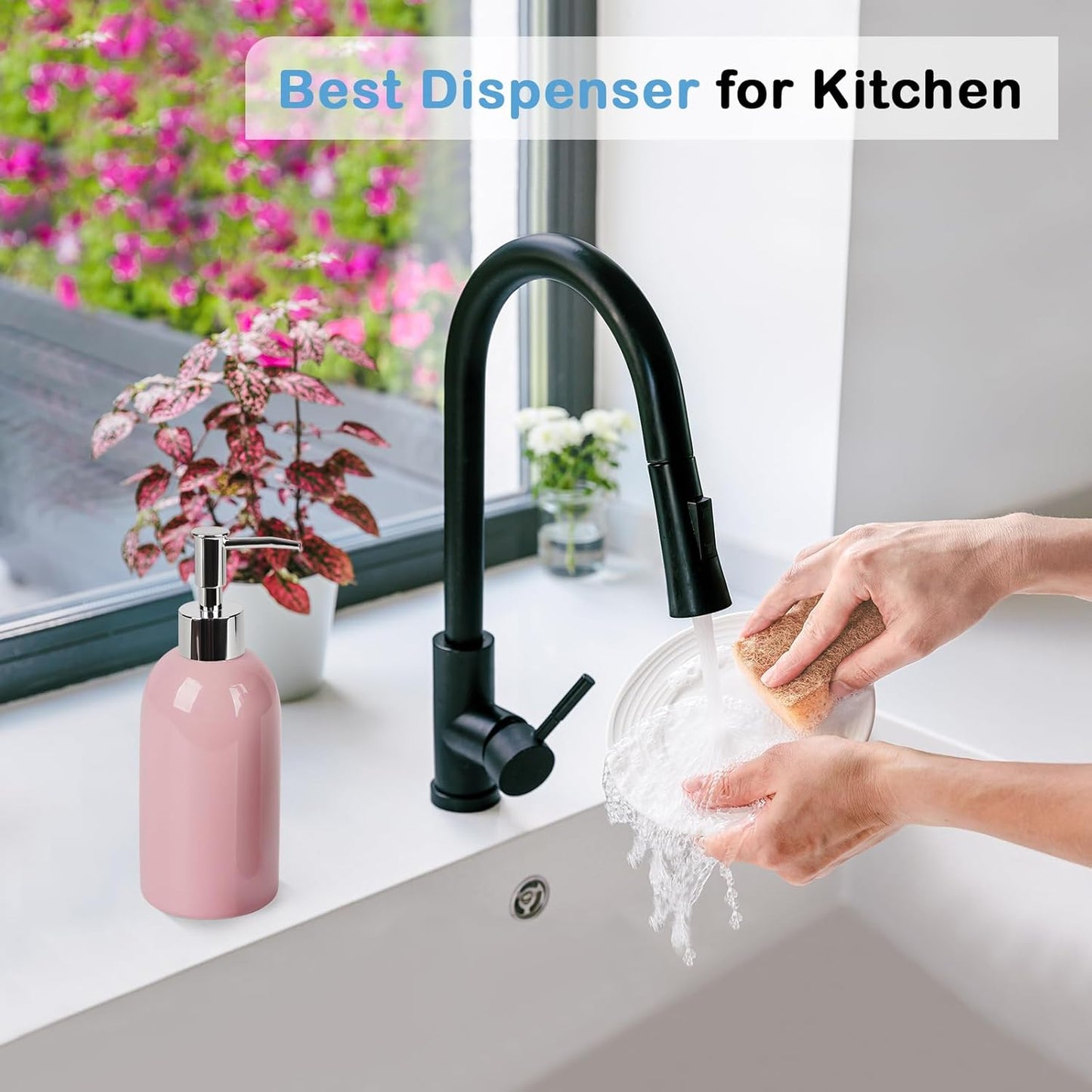 Natheeph 14OZ Ceramic Soap Dispenser Ceramic Soap Pump Dispenser Can Fill Liquid for Bathroom/Kitchen (Pink)