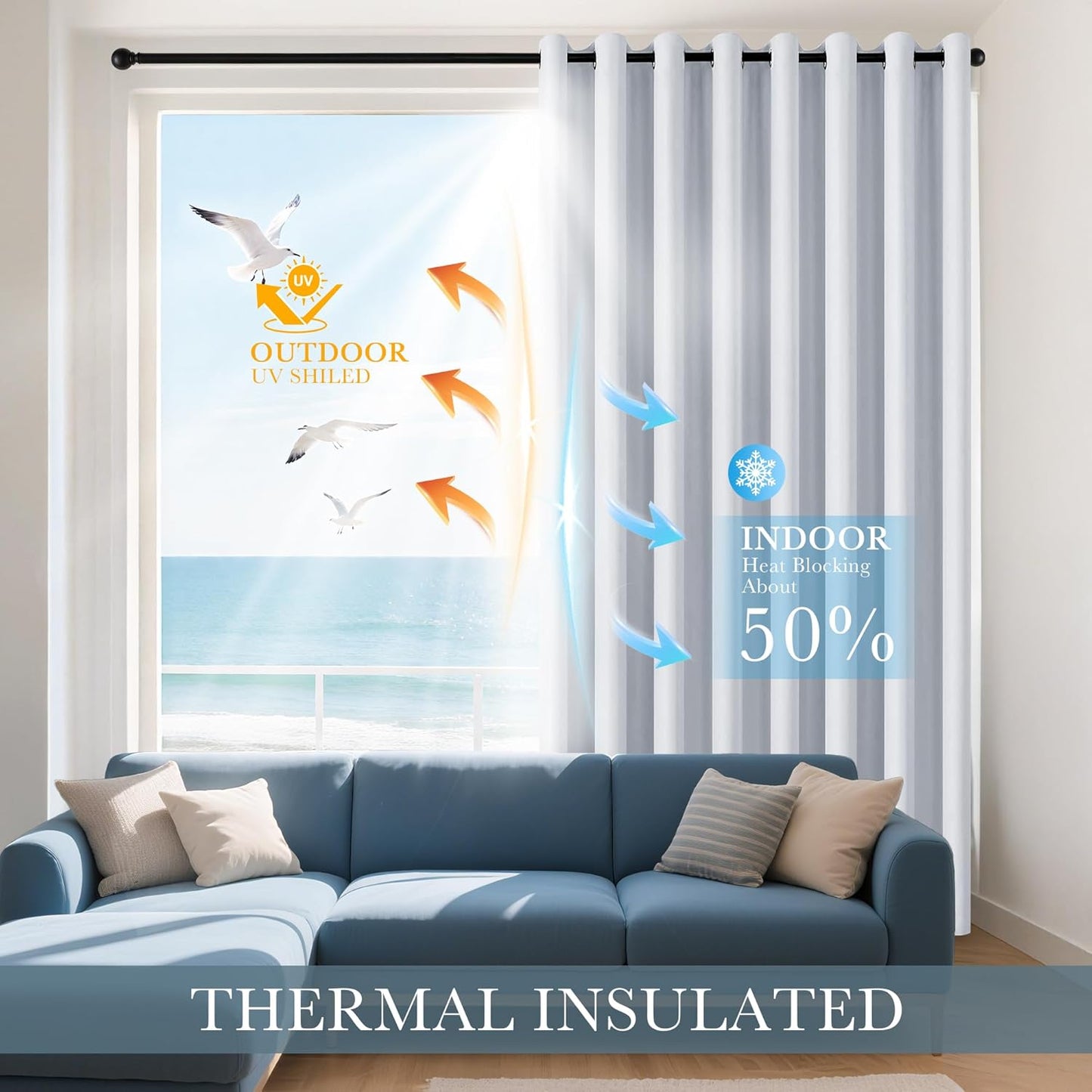 PONY DANCE Greyish White Curtains 94 inches Long - Thermal Insulated Long Curtains& Drapes 2 Burg, Room Darkening Grommet Curtains for Living Room Bedroom Window, W55 x L94 Inch