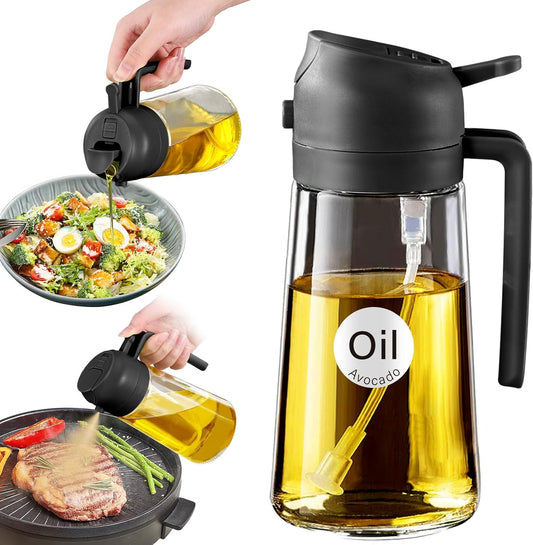 YARRAMATE 16oz/470ml Glass Olive Oil Sprayer for Cooking with Stickers, 2 in 1 Oil Dispenser for Kitchen Gadgets, Food Grade Premium Spray Bottle with Portion Control for Salad, Frying, BBQ (Black)