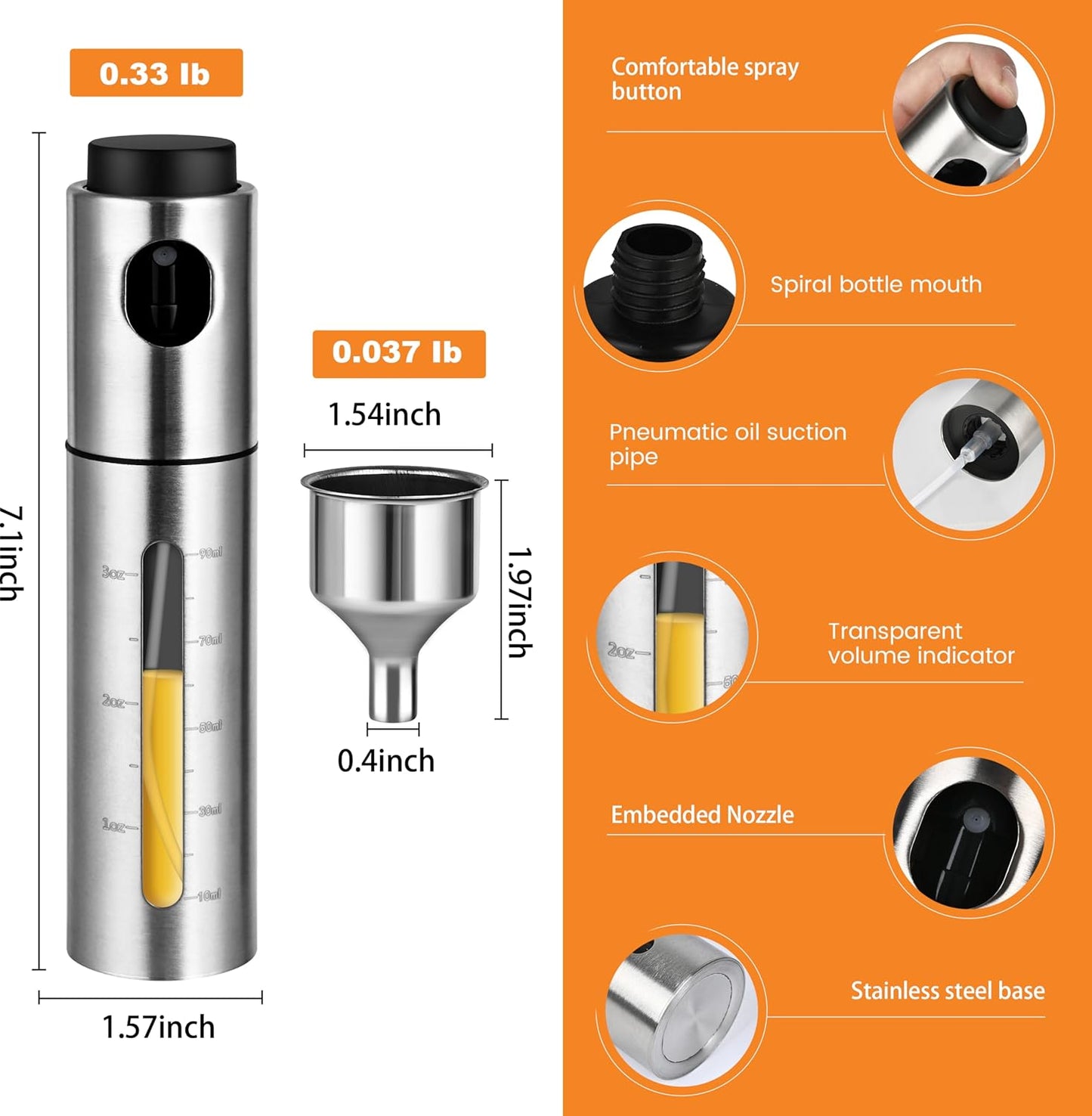 Oil Bottle for Cooking,100ml Stainless Steel Cooking Oil Spray Bottle for,Salads, BBQS and More,One-Handed Use