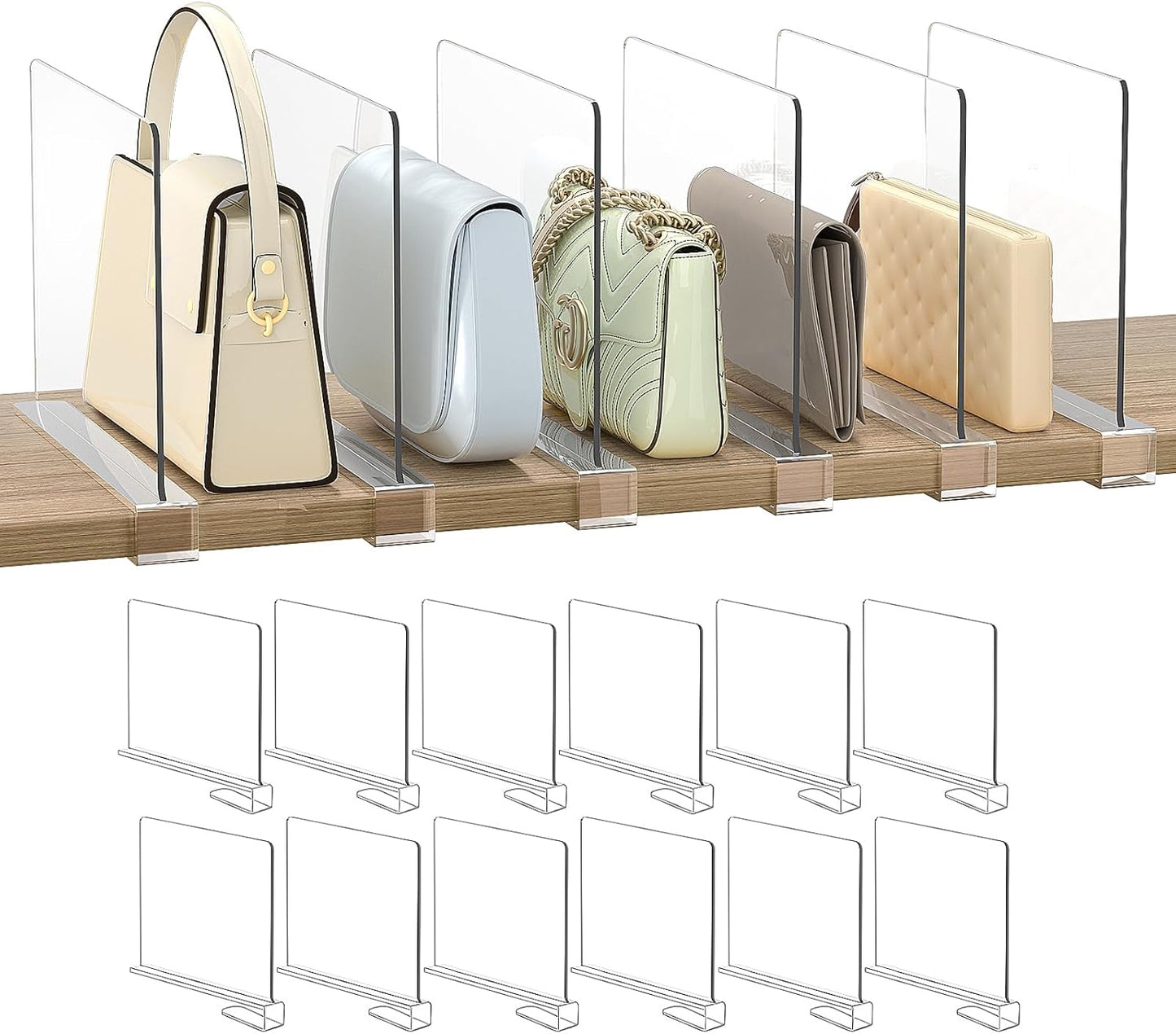 Shelf Dividers Purse Organizer for Closet: 12-Pack Acrylic Bag Storage Organizer for Handbags, Clutches, Clothes, Sweater, Towel on Wood Shelves