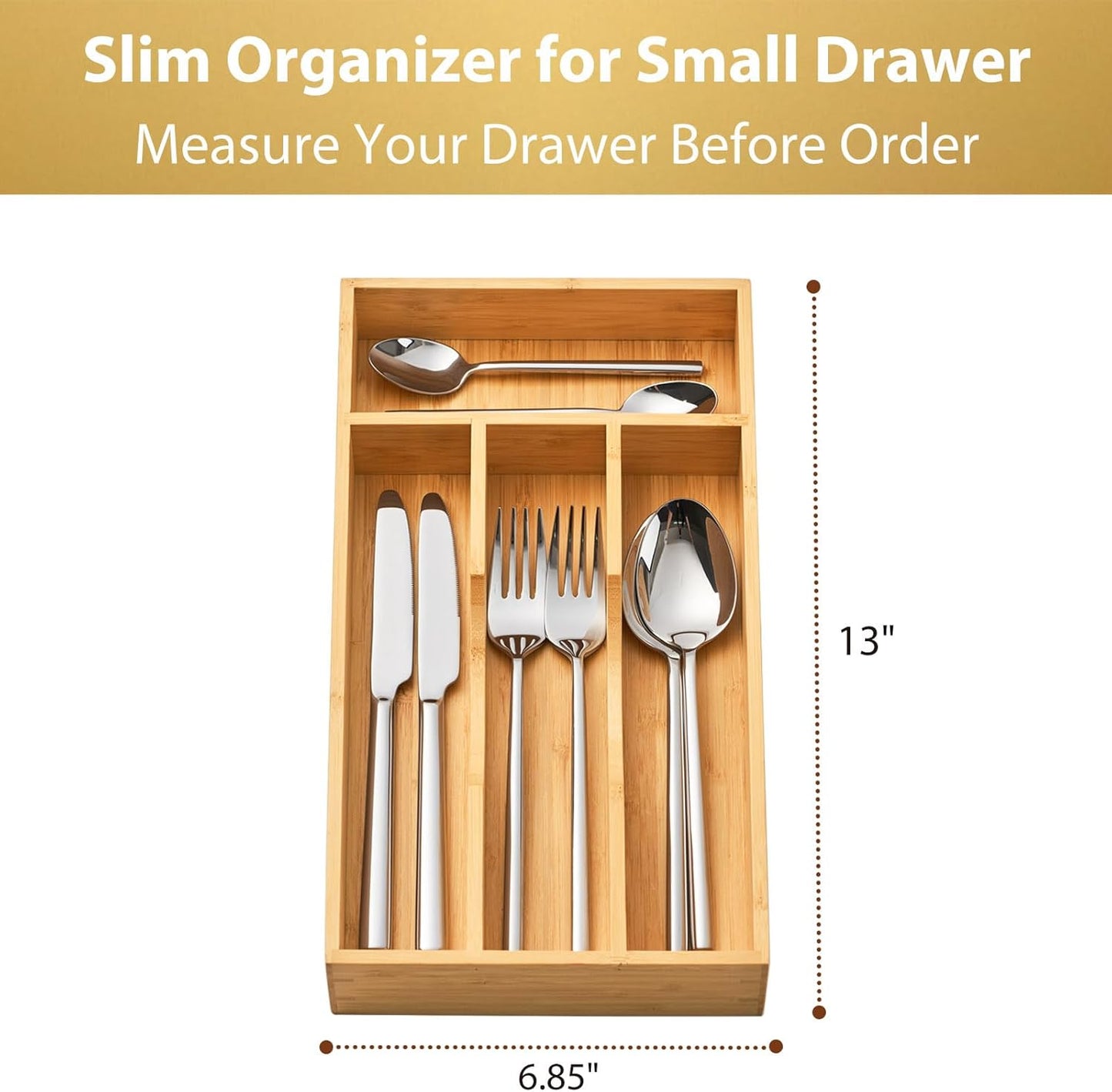 Umilife Bamboo Kitchen Drawer Organizer, 7 Inch Silverware Utensils Tray Holder for Small Drawer, Wood Caddy for Flatware Cutlery Knives