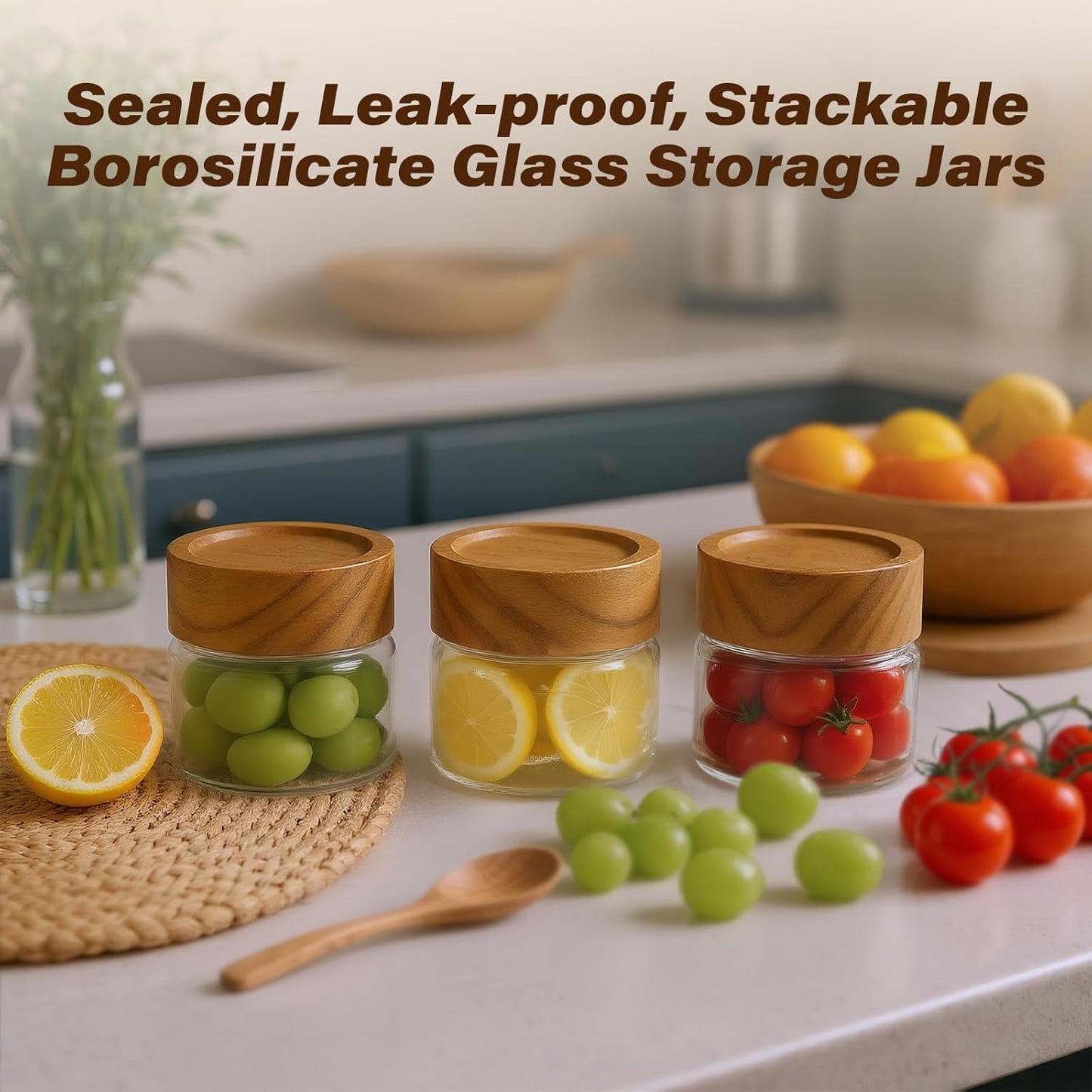 6-Pack 4 oz Stackable Airtight Glass Canisters with Acacia Lids - Small Mason Jars for Overnight Oats, Spice Storage, Herb Keepers, Pantry Organization and Dry Food Storage