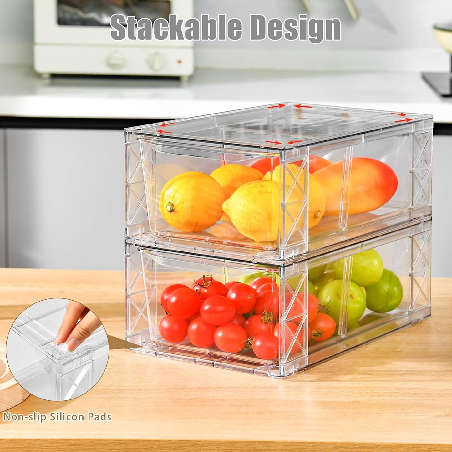 8Pack Clear Stackable Kitchen Storage Organizer,Pantry Organizers and Storage,Foods Organizer Bins with Handles, Easily Assemble for Bathroom, Kitchen, Refrigerator, Pantry, Cabinet, Closet