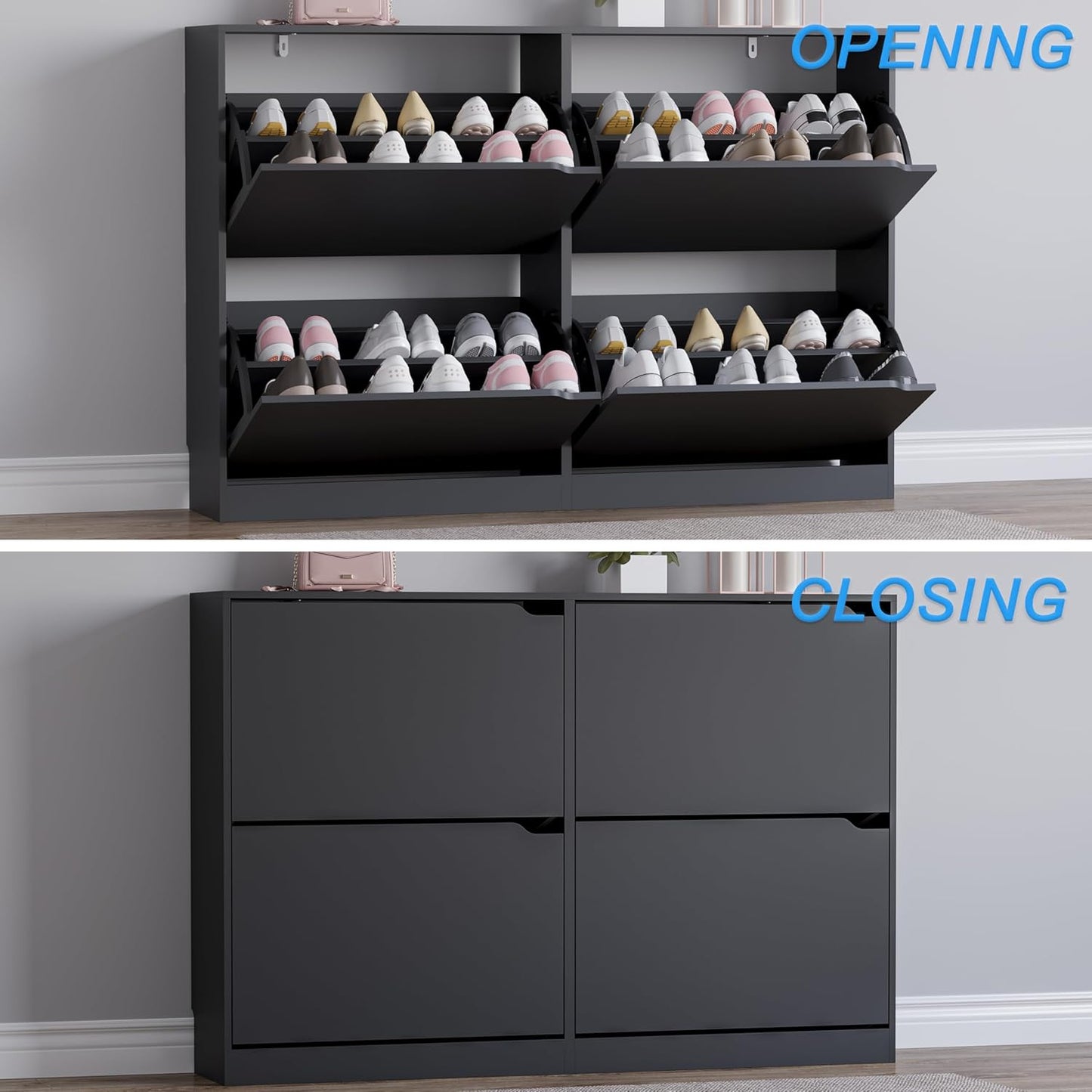 Shoe Cabinet with 4 Flip Drawers, Narrow Hidden Shoe Storage Cabinet, Slim Freestanding Shoe Rack Organizer for Entryway, Hallway, Bedroom, Living Room