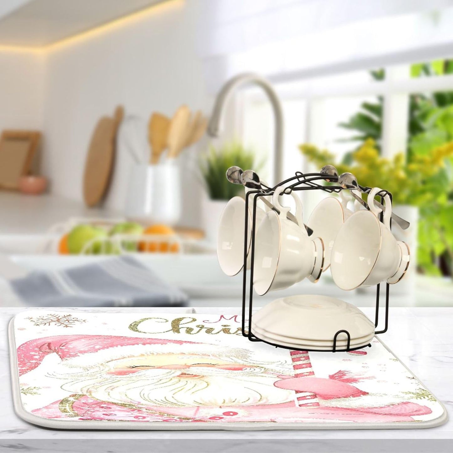 Christmas Santa Claus Pink Dish Drying Mat for Kitchen Countertop 16x18 Xmas Candy Cane Snowflake Small Drying Mat Reusable Quick Dry Dish Sink Mats Easy Clean Decorative Essentials