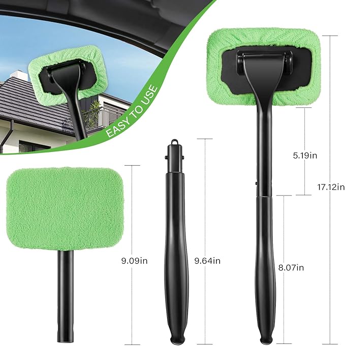 Frienda 2 Set Windshield Cleaner Tool Inside Car Windshield Cleaning Wand Auto Window Cleaner with Detachable Handle, 8 Reusable Microfiber Pads and 2 Spray Bottles for Car Interior(Green)