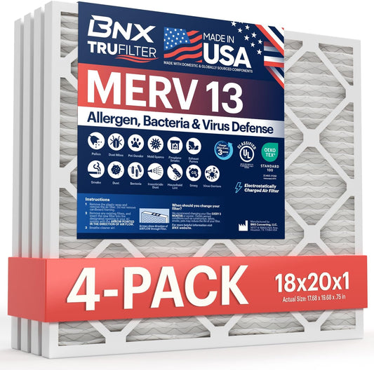BNX TruFilter 18x20x1 Air Filter MERV 13 (4-Pack) - MADE IN USA - Electrostatic Pleated Air Conditioner HVAC AC Furnace Filters for Allergies, Pollen, Mold, Bacteria, Smoke, Allergen, MPR 1900 FPR 10