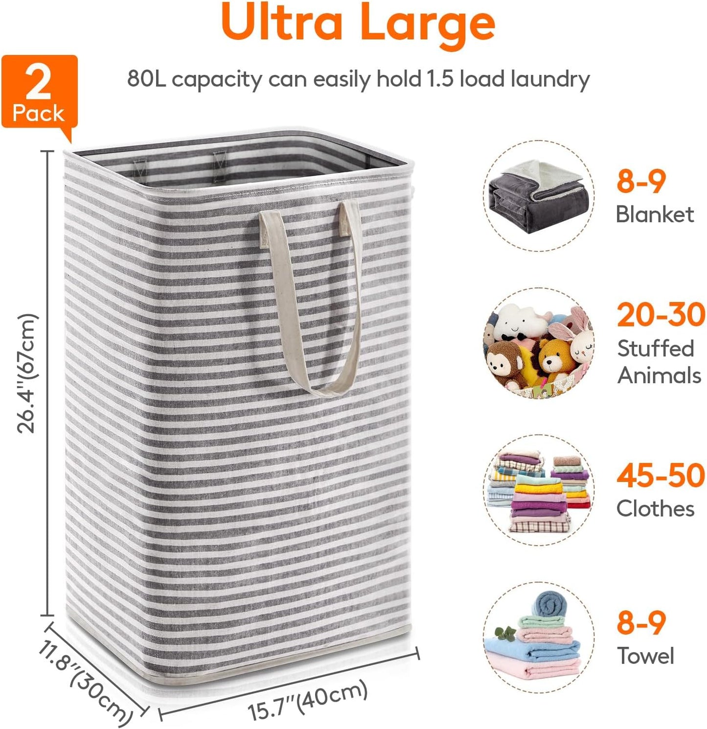 Lifewit 2 Pack Laundry Hamper Large Collapsible Laundry Baskets, Freestanding Waterproof Clothes Hamper with Easy Carry Handles in Laundry Room Bedroom Bathroom College Dorm for Adults, Black, 2 x 80L
