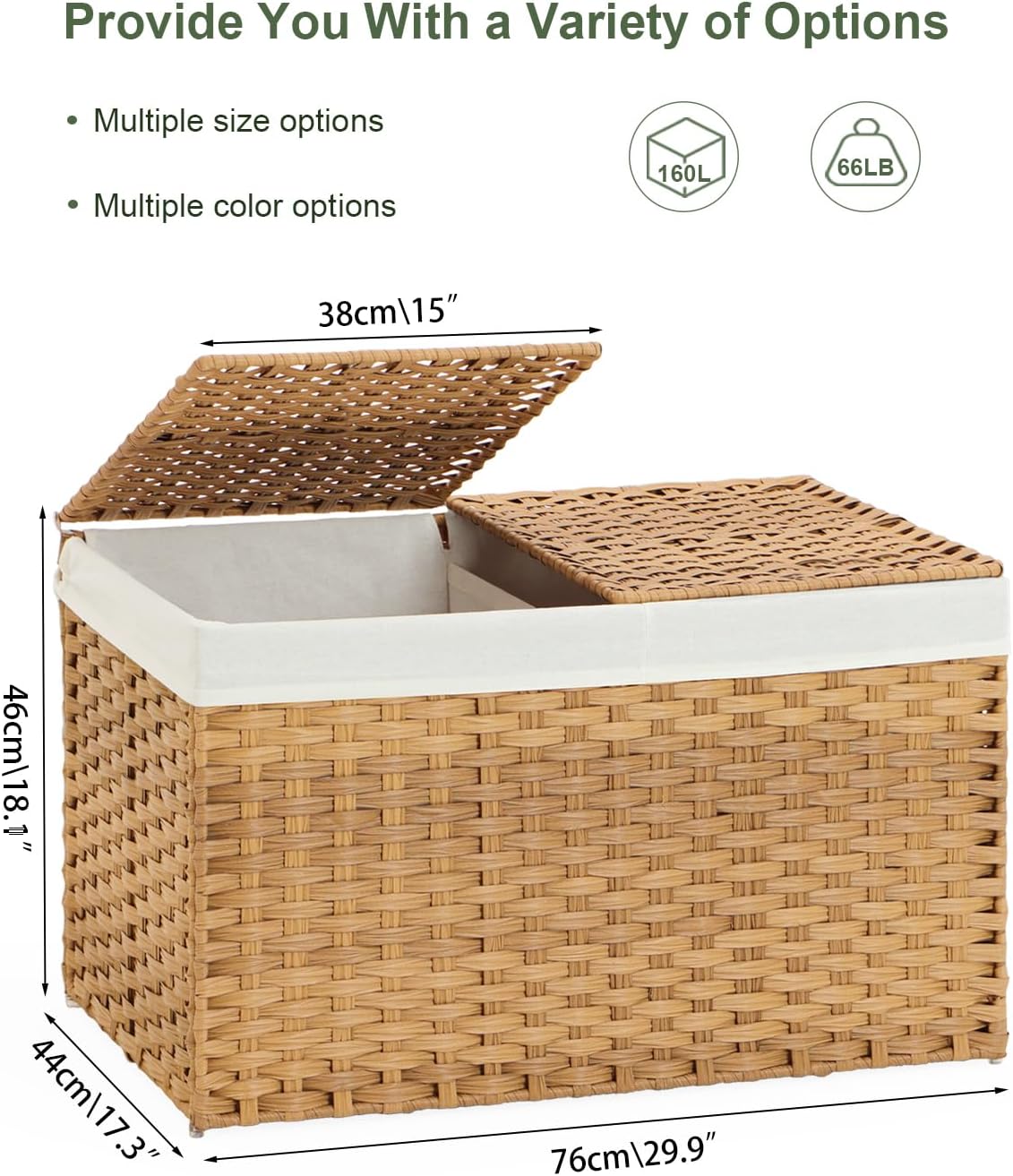 Storage Basket with Lid Wicker Baskets for Storage with 2 Separate Lid 42.3 Gallon (160 L) 29.9 x 17.3 x 18.1 Inches Rattan Woven Large Wicker Basket with 2 Liners for Bedroom Laundry Natural