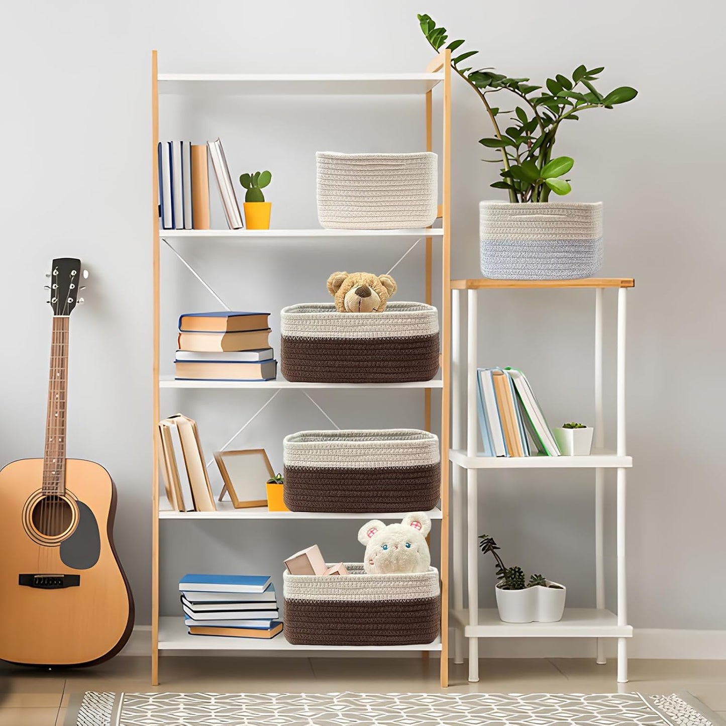 COMFY HOMI 11.5"x7.5"x4.7" Storage Baskets for Organizing | Cotton Rope Woven Basket | Toy Storage Bin Box | Basket for Shelves, Closet Organizer Bin, Decorative Closet Shelf, 3 Pack, dark brown/white