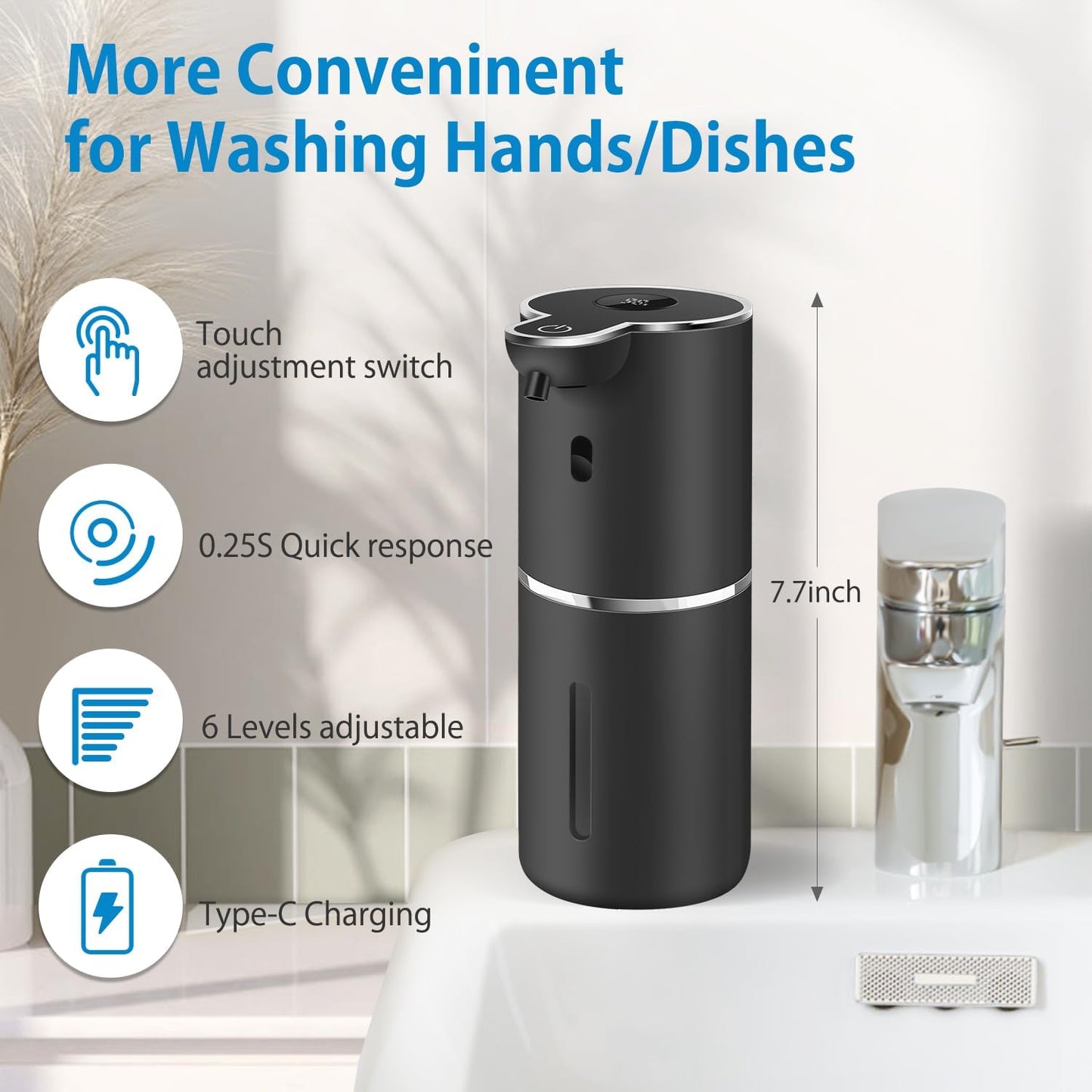 Automatic Liquid Soap Dispenser 12.8oz, Rechargeable & 6 Levels Soap Adjustable with Digital Display, Wall Mount, Waterproof, Touchless Hand/Dish Soap Dispenser for Kitchen, Bathroom, Hotel